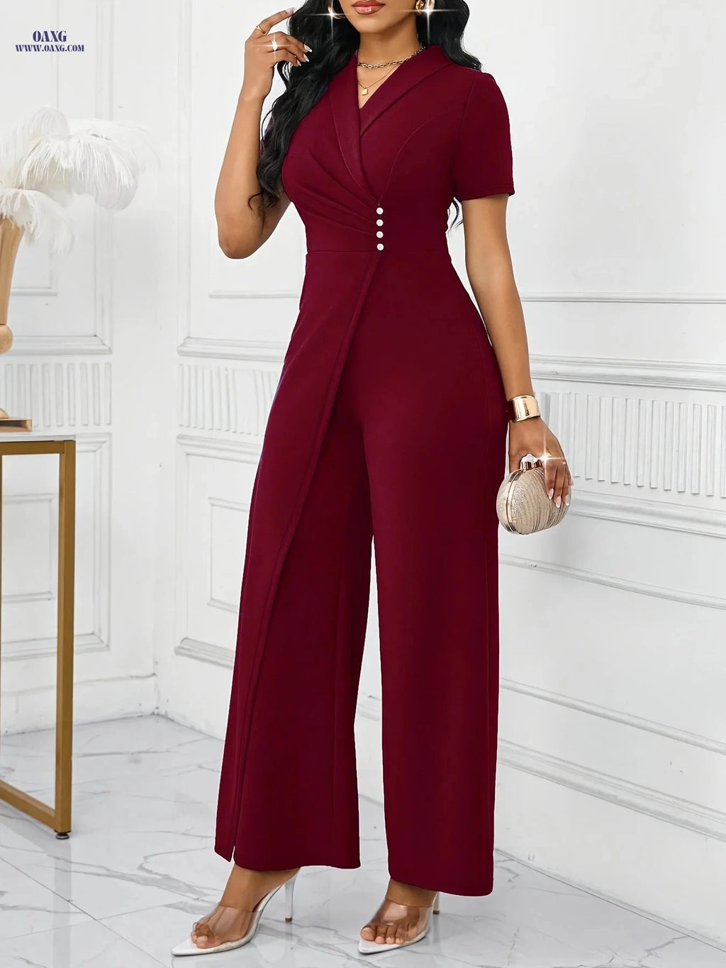 Elegant Women's Slim-Fit Jumpsuit - Cross-Neckline & Long Length   OAXG crimson / S