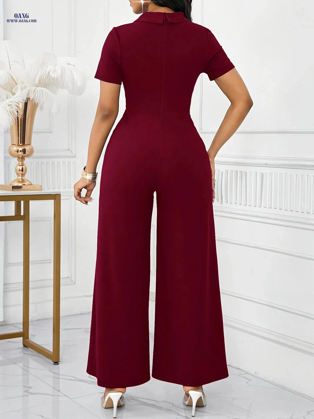 Elegant Women's Slim-Fit Jumpsuit - Cross-Neckline & Long Length   OAXG crimson / S