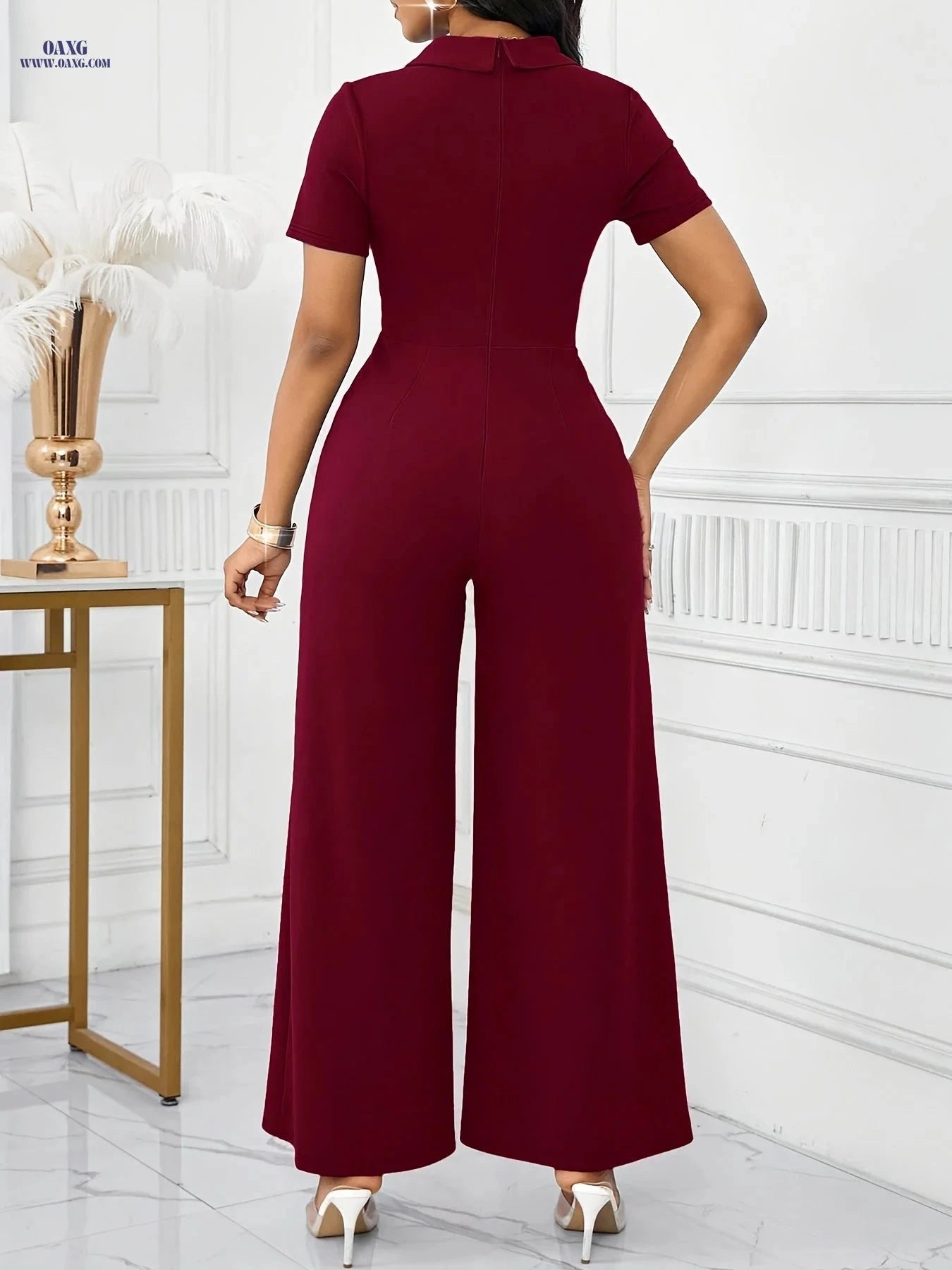 Elegant Women's Slim-Fit Jumpsuit - Cross-Neckline & Long Length   OAXG crimson / S