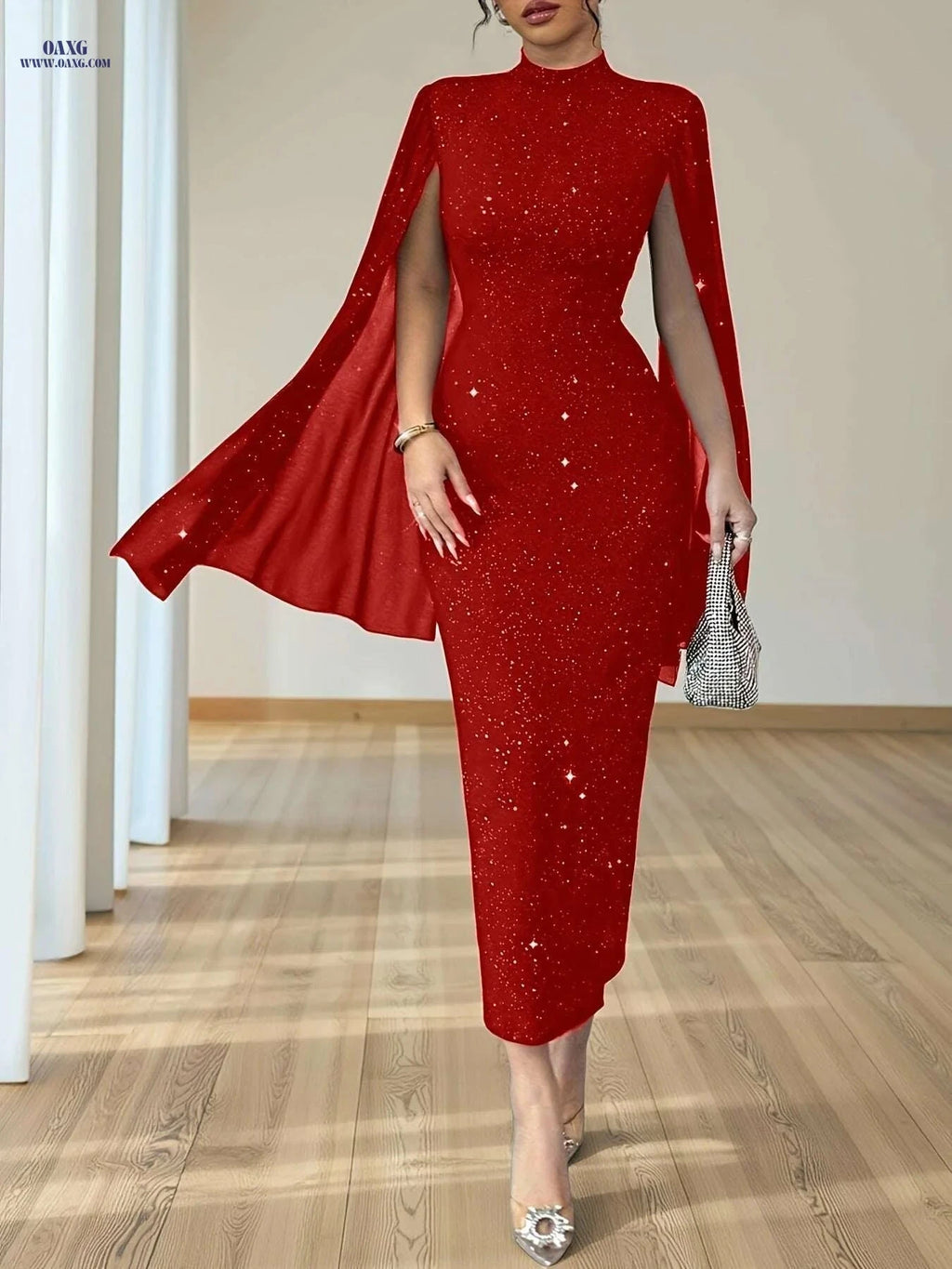 Elegant Women's Slim-Fit Midi Dress - Starry Sky Print & Slit Sleeves   OAXG Black / XS