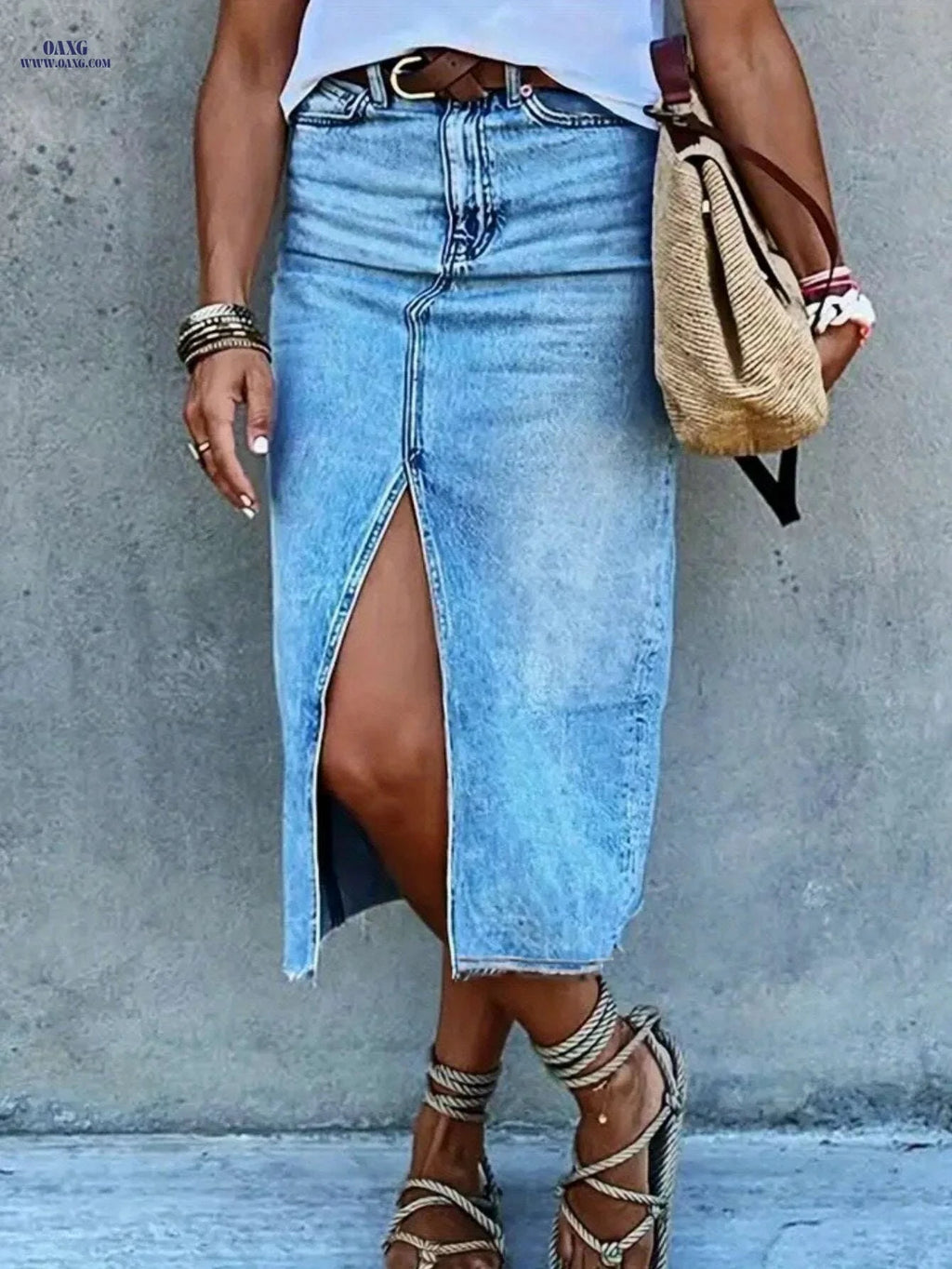 Elegant Women’s Slit Long Denim Skirt - Slim Retro Fashion   OAXG Bright Steel Blue / XS