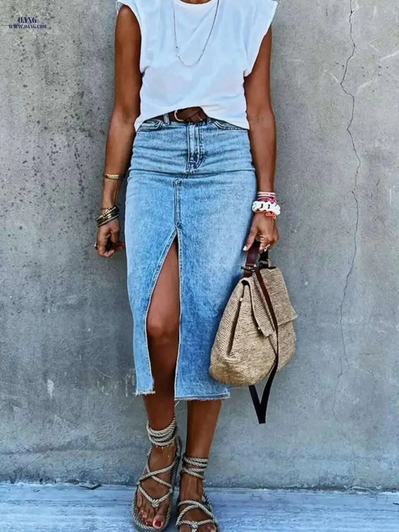 Elegant Women’s Slit Long Denim Skirt - Slim Retro Fashion   OAXG Bright Steel Blue / XS