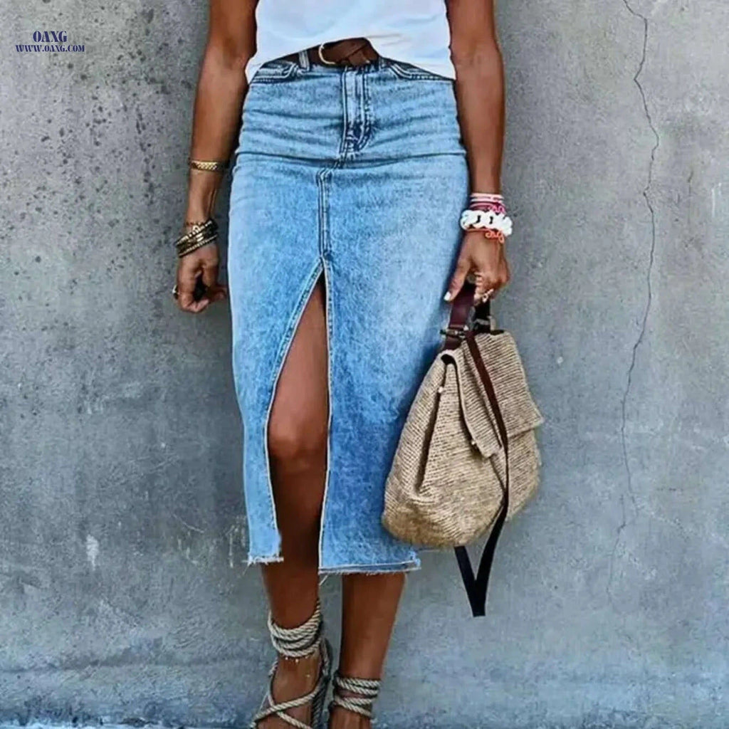 Elegant Women’s Slit Long Denim Skirt - Slim Retro Fashion   OAXG Bright Steel Blue / XS