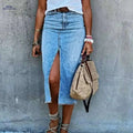 Elegant Women’s Slit Long Denim Skirt - Slim Retro Fashion   OAXG Bright Steel Blue / XS