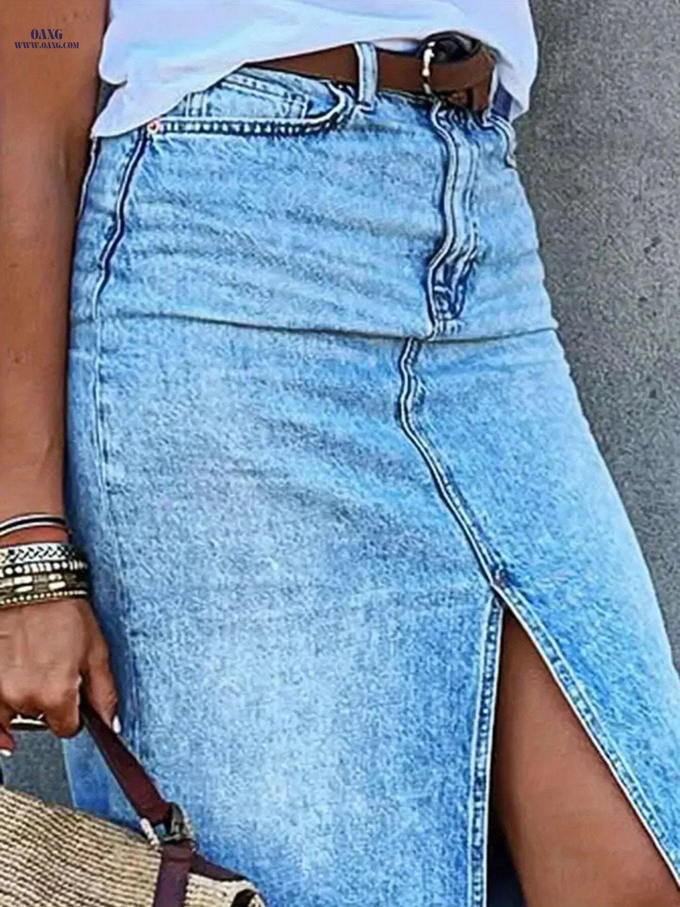 Elegant Women’s Slit Long Denim Skirt - Slim Retro Fashion   OAXG Bright Steel Blue / XS