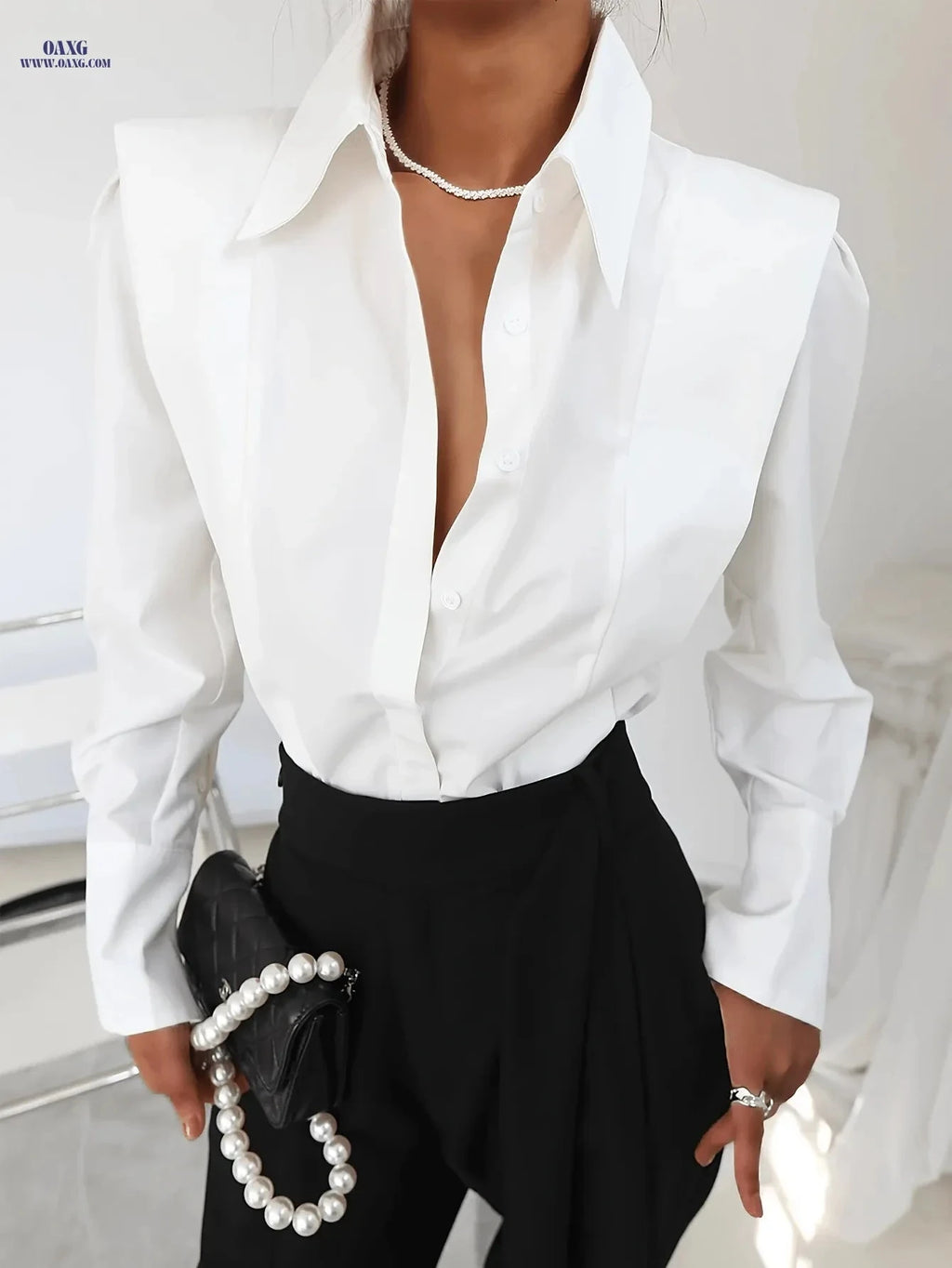 Elegant Women's Solid Button-Up Long Sleeve Shirt - All-Season Wear   OAXG White / S