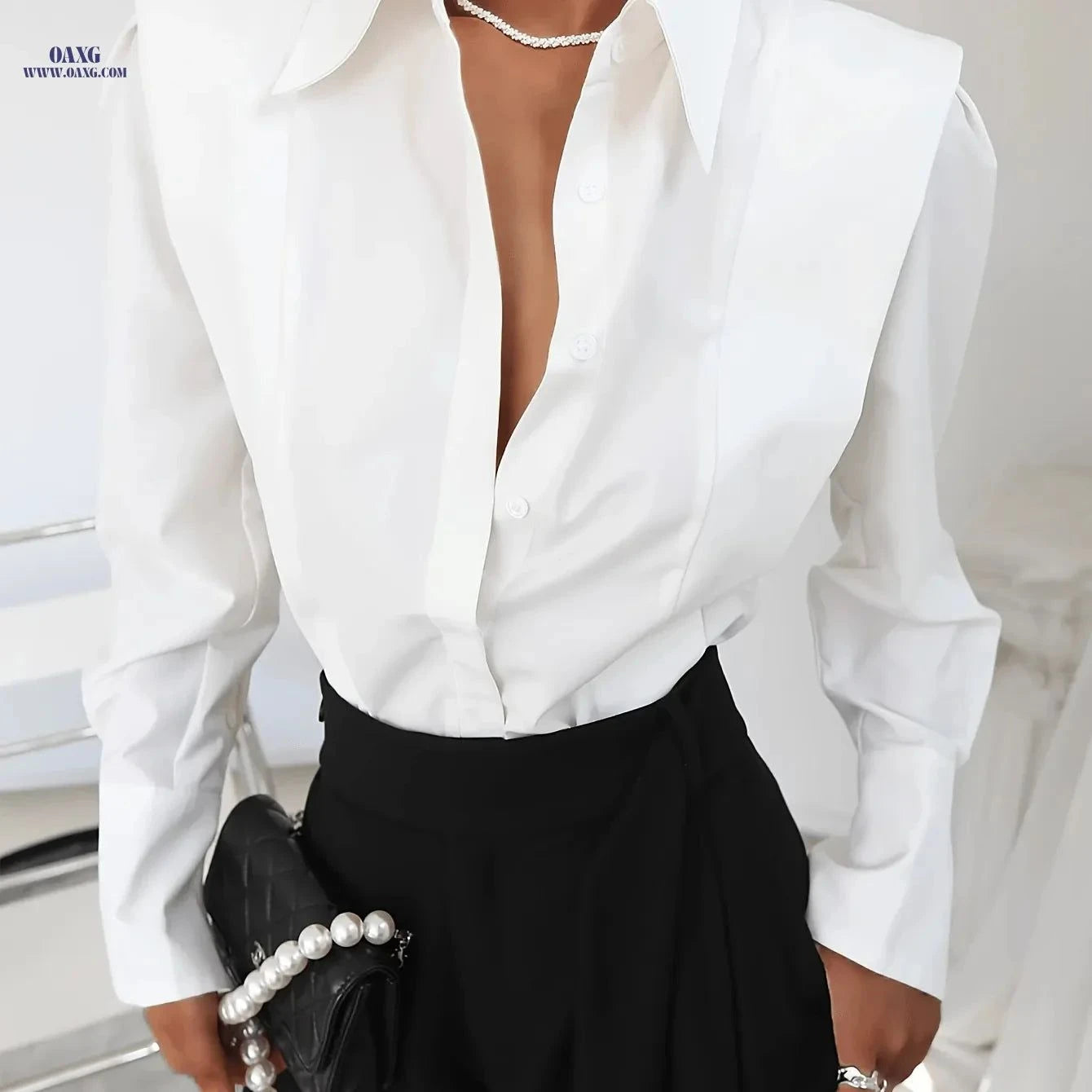 Elegant Women's Solid Button-Up Long Sleeve Shirt - All-Season Wear   OAXG White / S