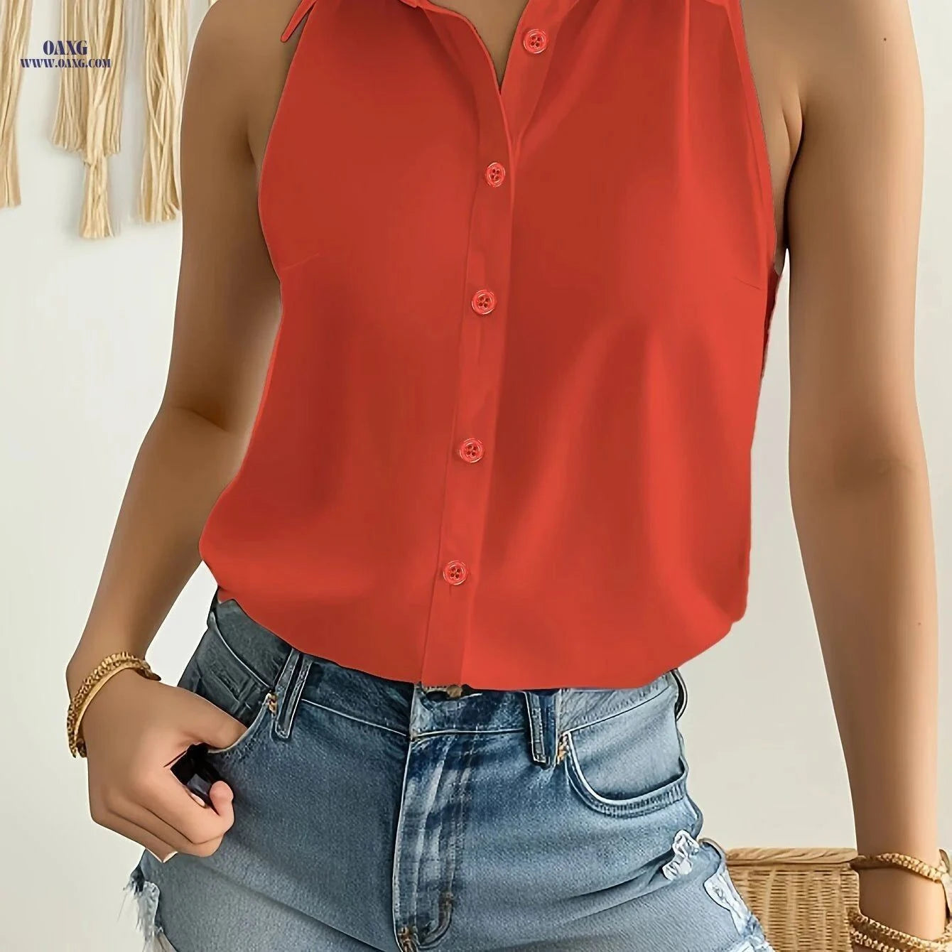 Elegant Women's Solid Color Button-Front Sleeveless Shirt   OAXG White / S