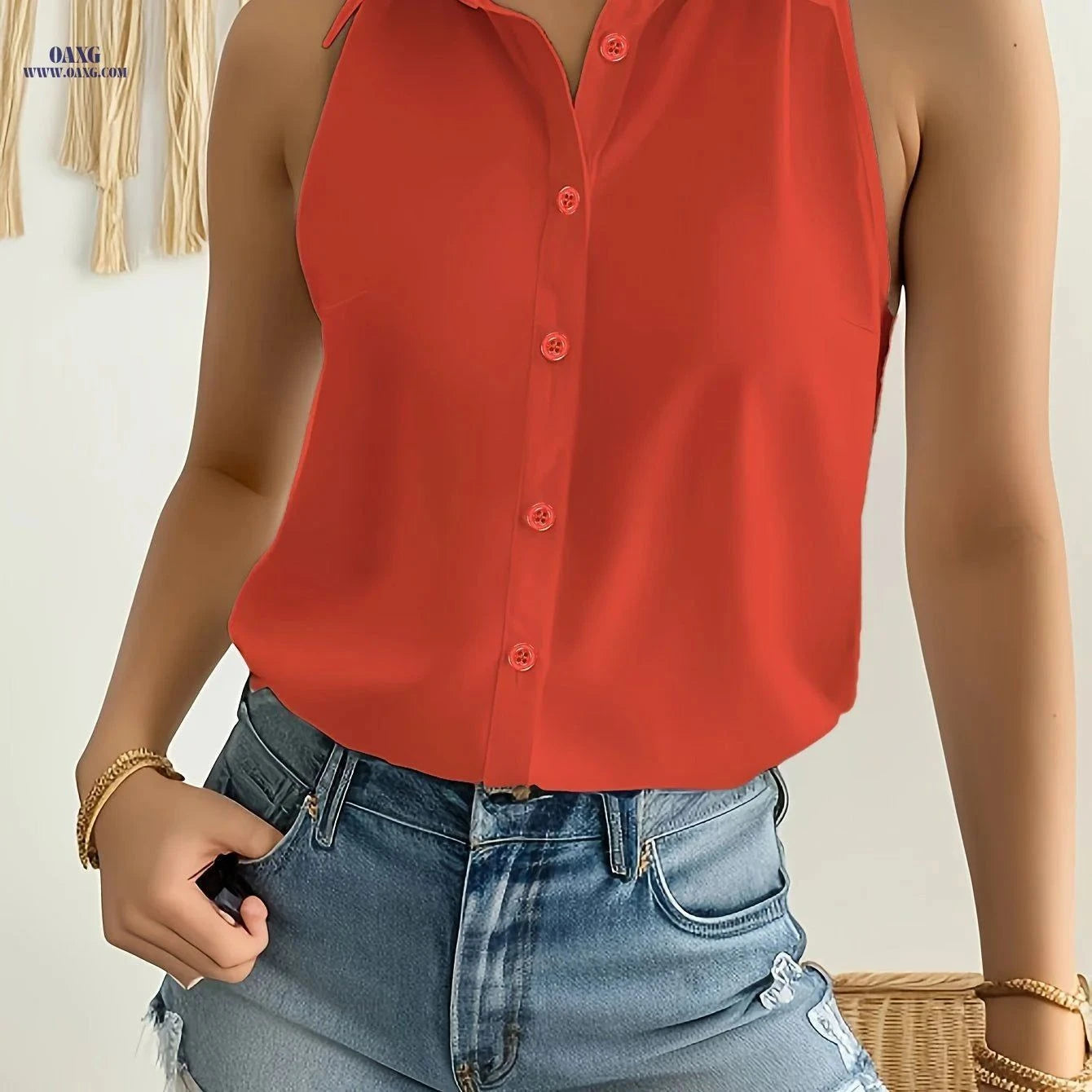 Elegant Women's Solid Color Button-Front Sleeveless Shirt   OAXG White / S