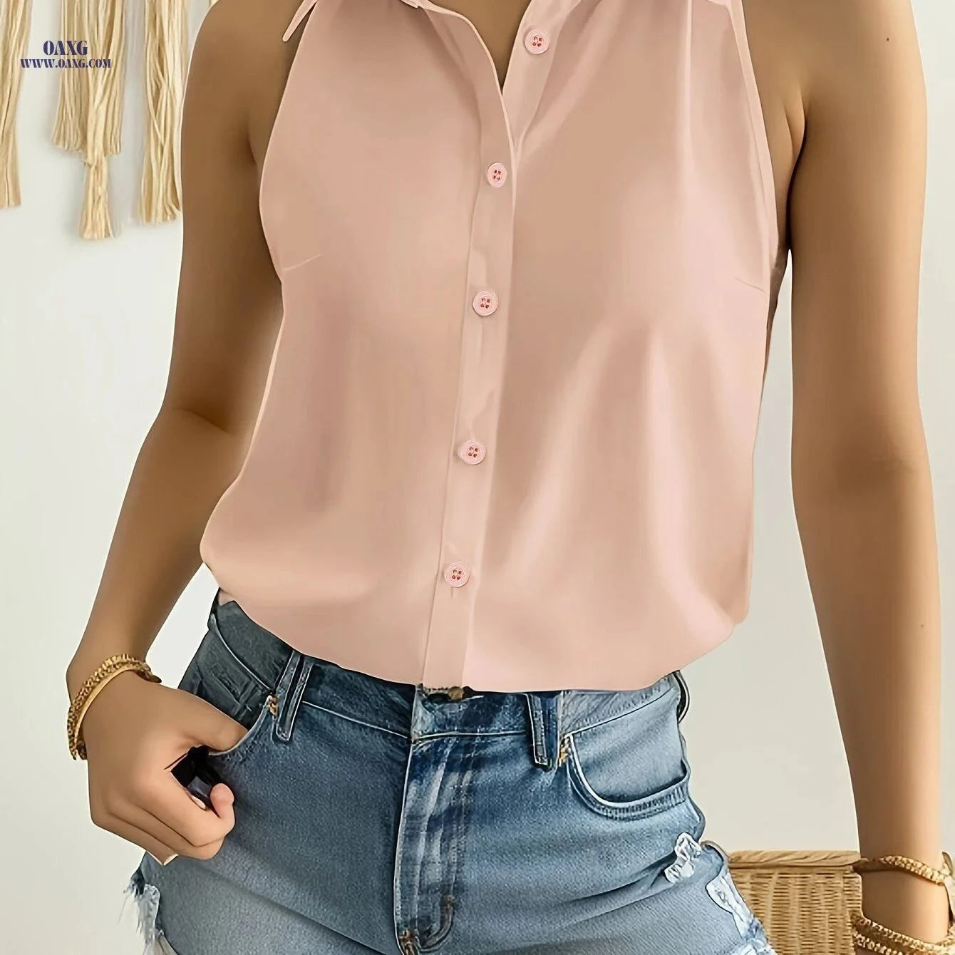 Elegant Women's Solid Color Button-Front Sleeveless Shirt   OAXG White / S