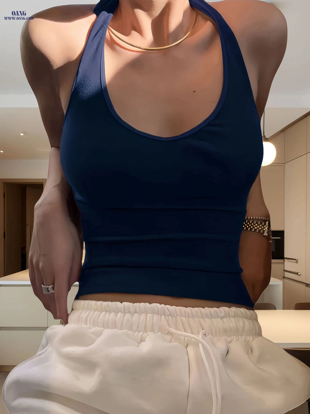 Elegant Women's Solid Color Halter Top - Micro Elastic Fabric   OAXG Navy Blue / XS