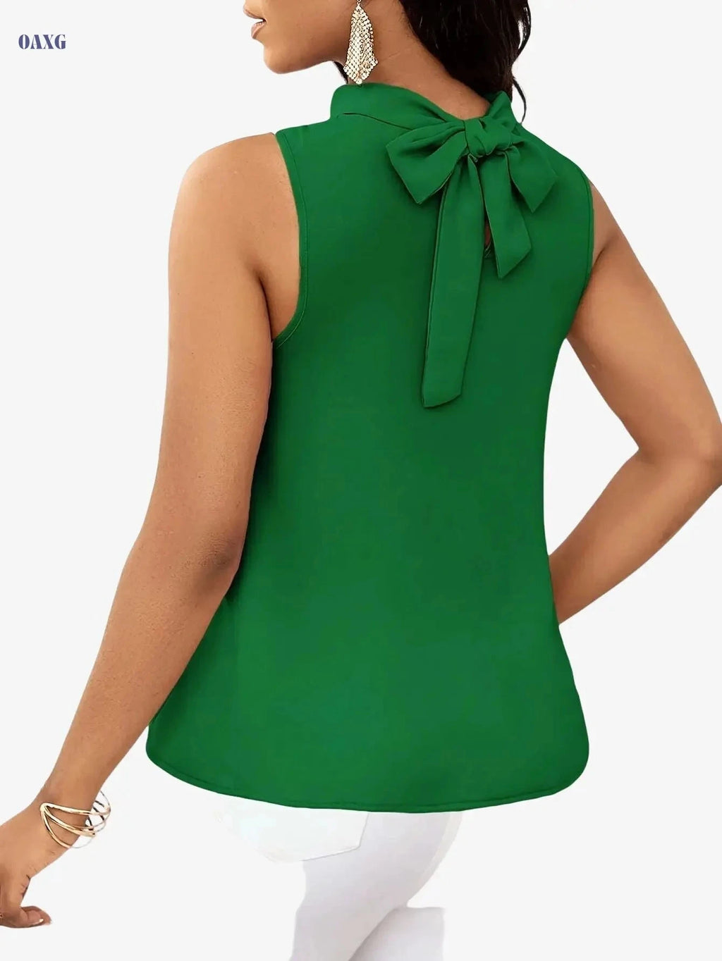 Elegant Women's Solid Color High Neck Sleeveless Top - Lace-Up Style   OAXG Green / XS