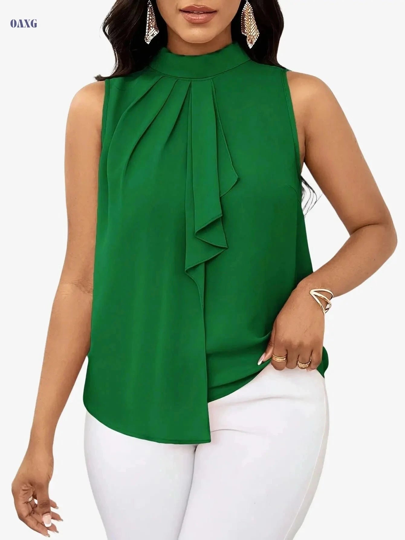 Elegant Women's Solid Color High Neck Sleeveless Top - Lace-Up Style   OAXG 