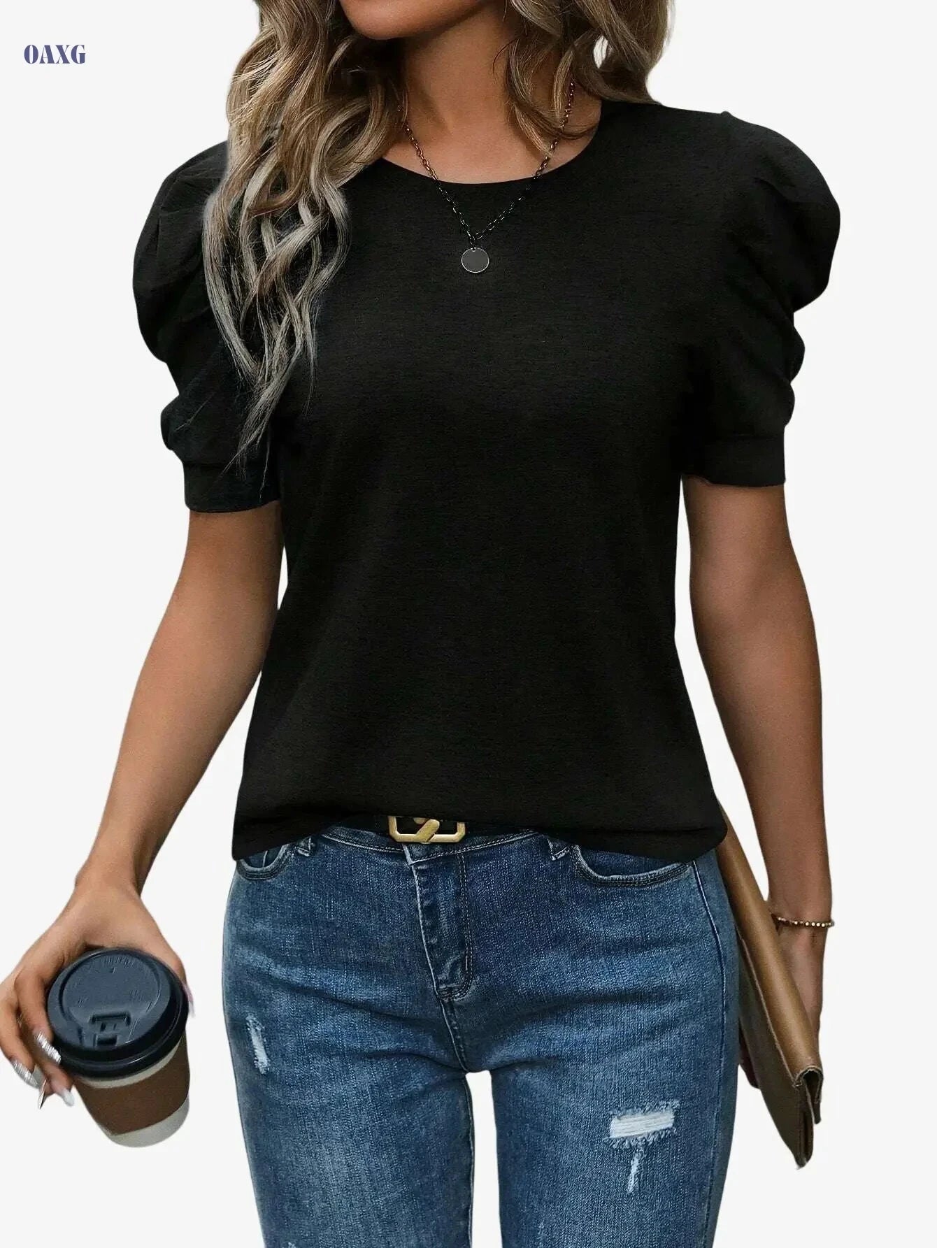 Elegant Women's Solid Color Lantern Sleeve T-Shirt - All Season Essential   OAXG Pale Pinkish Gray / S