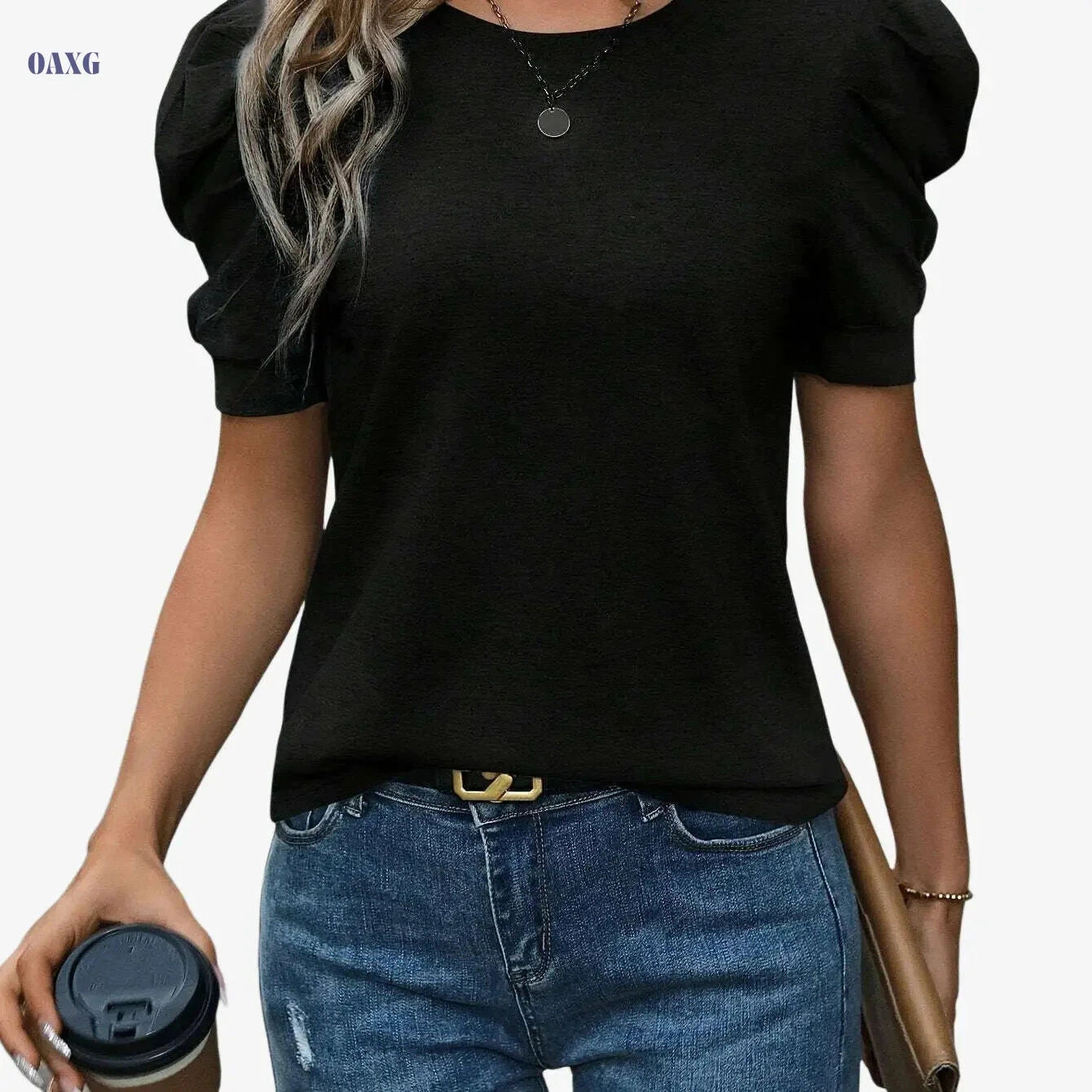 Elegant Women's Solid Color Lantern Sleeve T-Shirt - All Season Essential   OAXG Pale Pinkish Gray / S