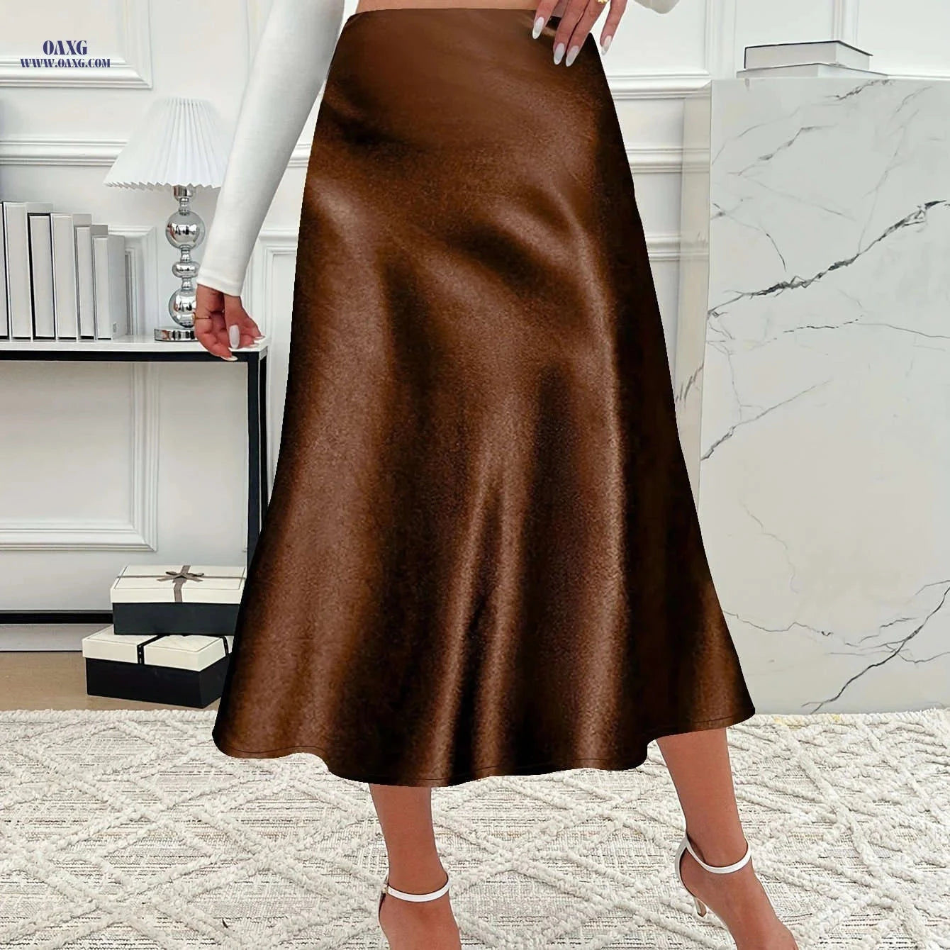 Elegant Women’s Solid Color Midi Skirt - Zipper Closure, Satin Fabric   OAXG 