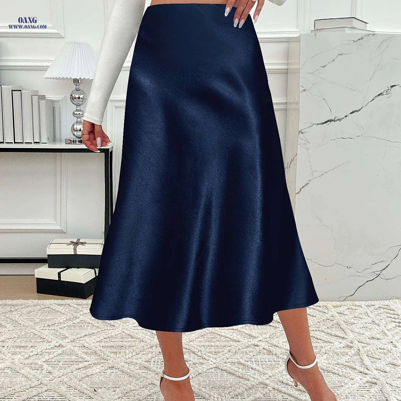Elegant Women’s Solid Color Midi Skirt - Zipper Closure, Satin Fabric   OAXG 