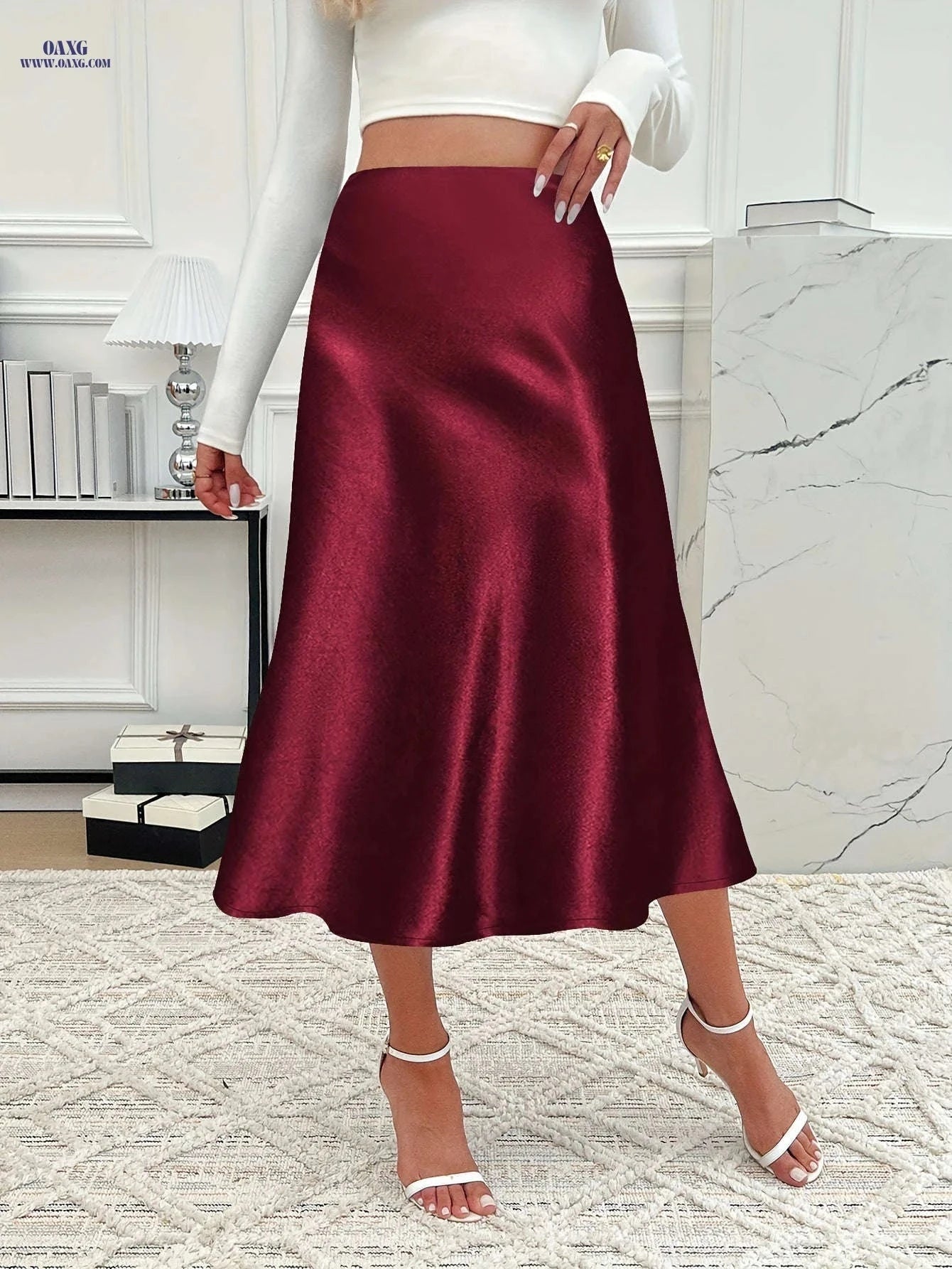 Elegant Women’s Solid Color Midi Skirt - Zipper Closure, Satin Fabric   OAXG Burgundy / S