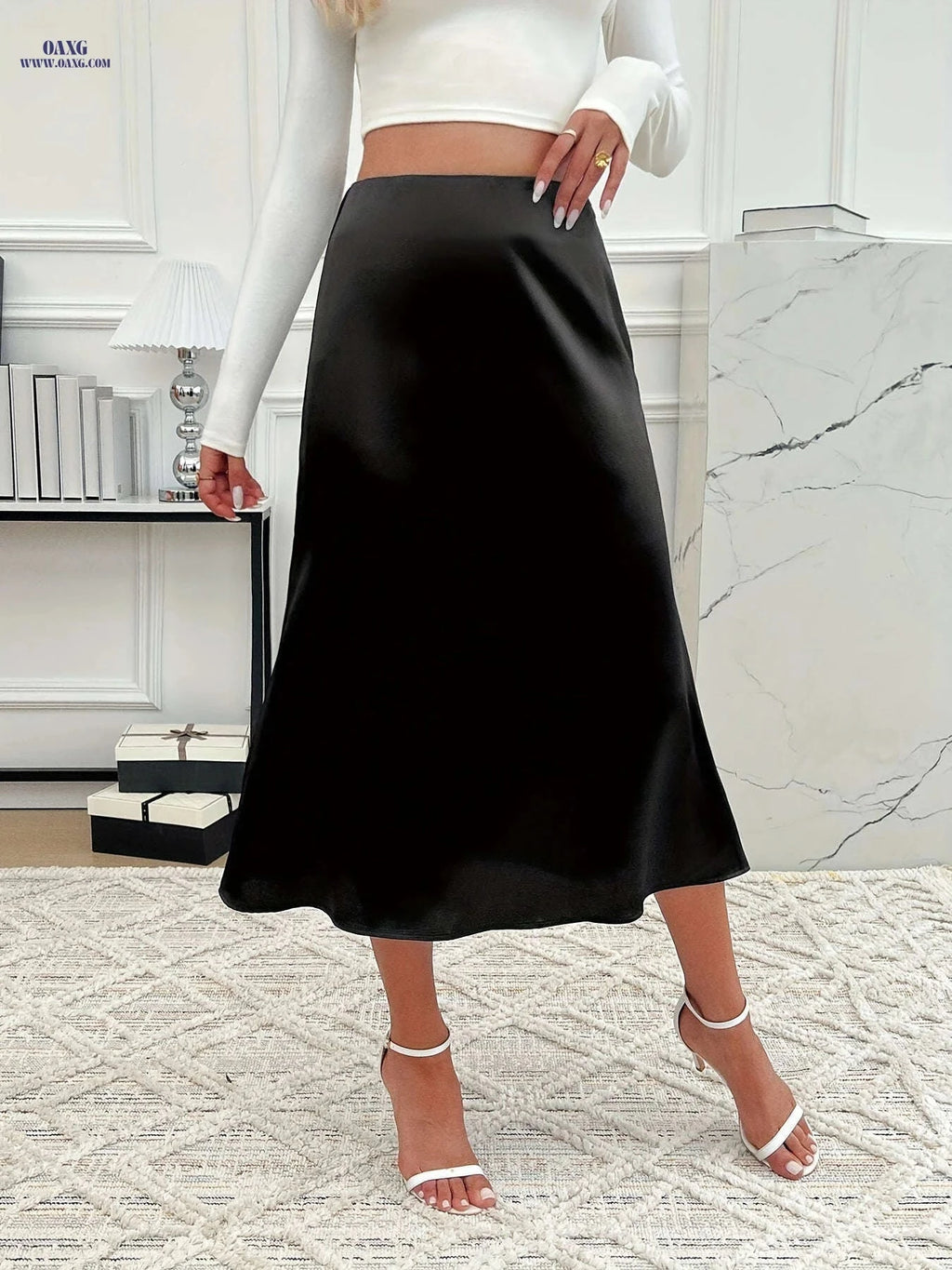 Elegant Women’s Solid Color Midi Skirt - Zipper Closure, Satin Fabric   OAXG Burgundy / S