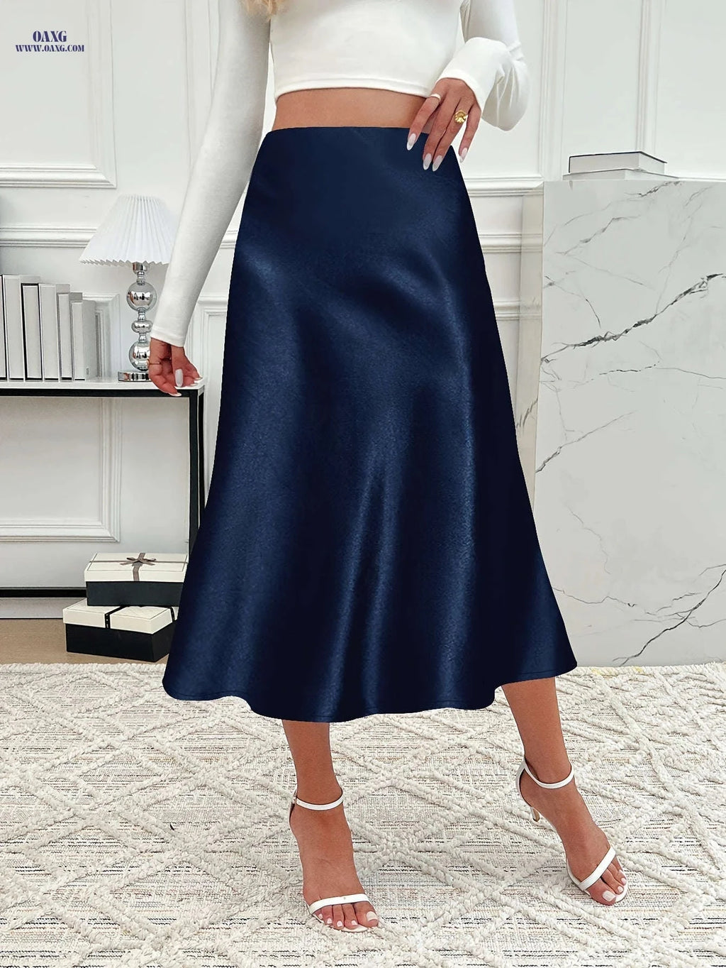 Elegant Women’s Solid Color Midi Skirt - Zipper Closure, Satin Fabric   OAXG Burgundy / S