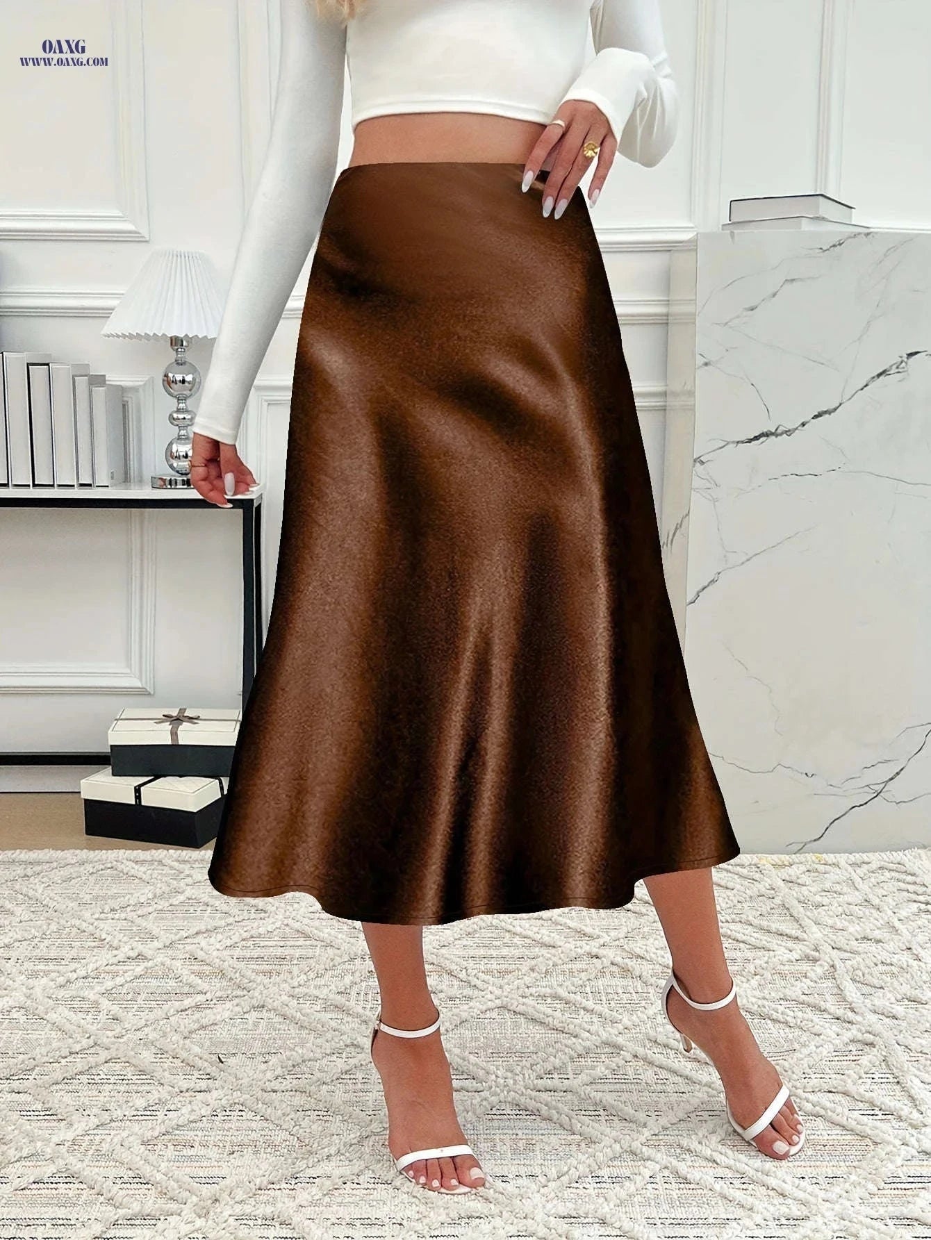 Elegant Women’s Solid Color Midi Skirt - Zipper Closure, Satin Fabric   OAXG Burgundy / S