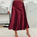 Elegant Women’s Solid Color Midi Skirt - Zipper Closure, Satin Fabric   OAXG 