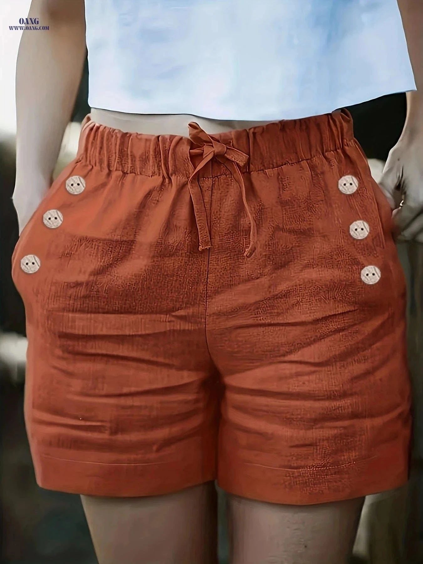 Elegant Women's Solid Color Shorts with Pockets - Summer Style   OAXG Brick Red / S