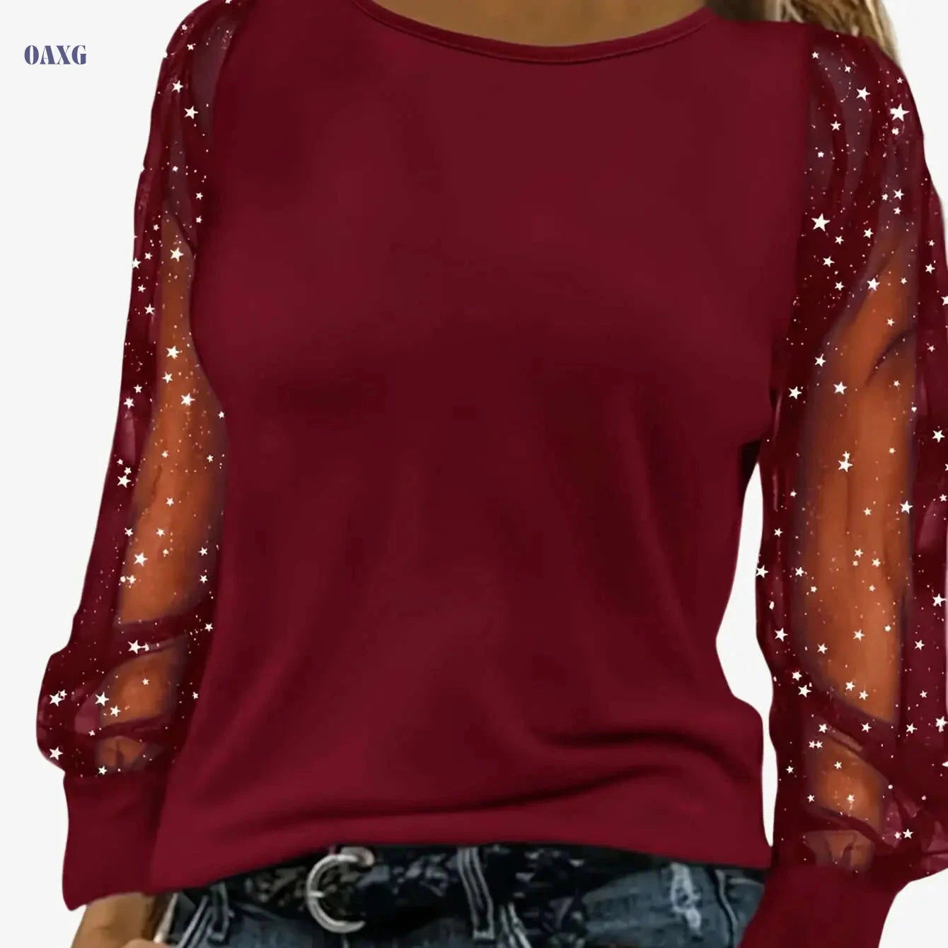 Elegant Women's Solid Color Top with Mesh Lantern Sleeves   OAXG 