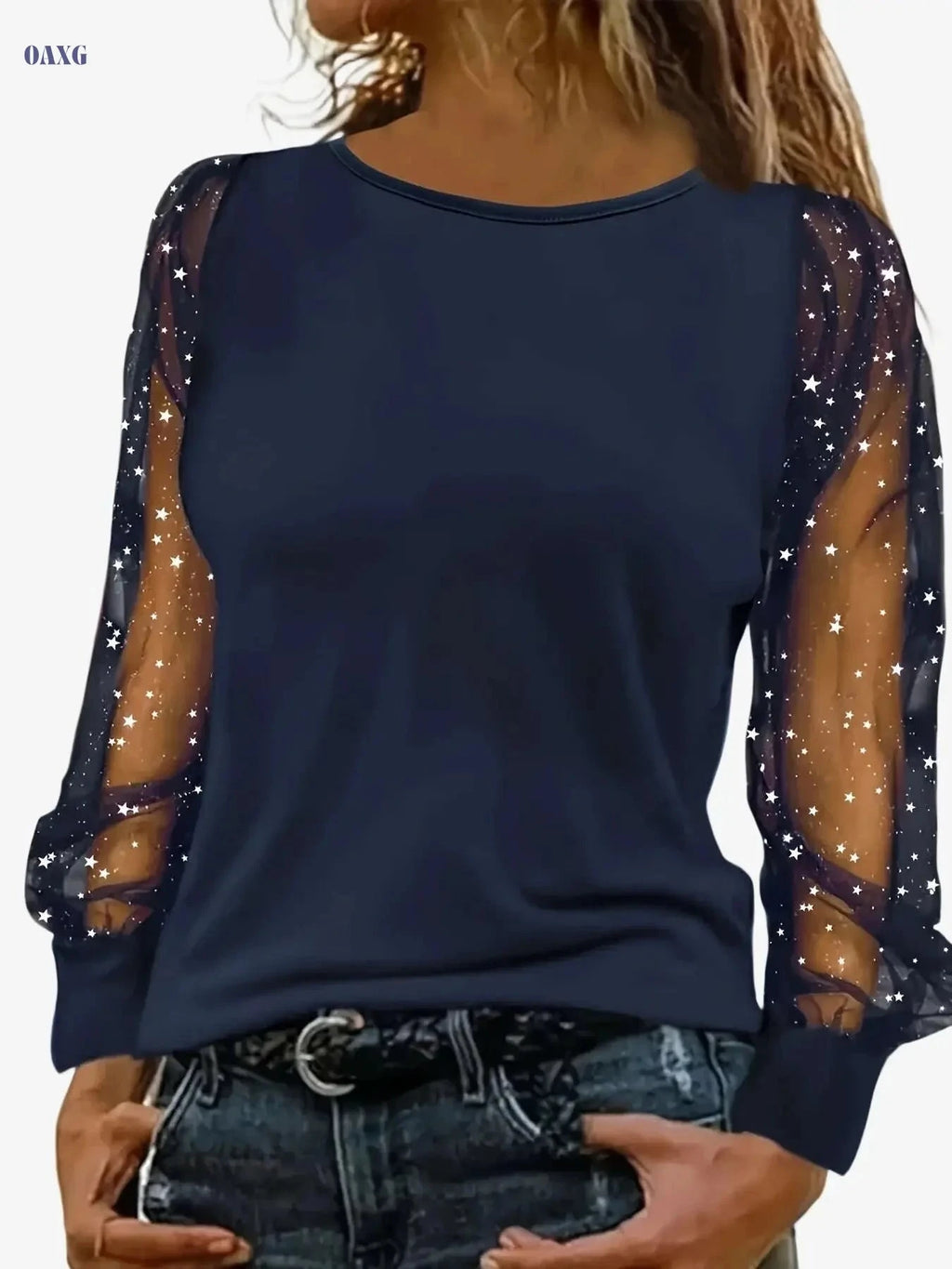Elegant Women's Solid Color Top with Mesh Lantern Sleeves   OAXG 