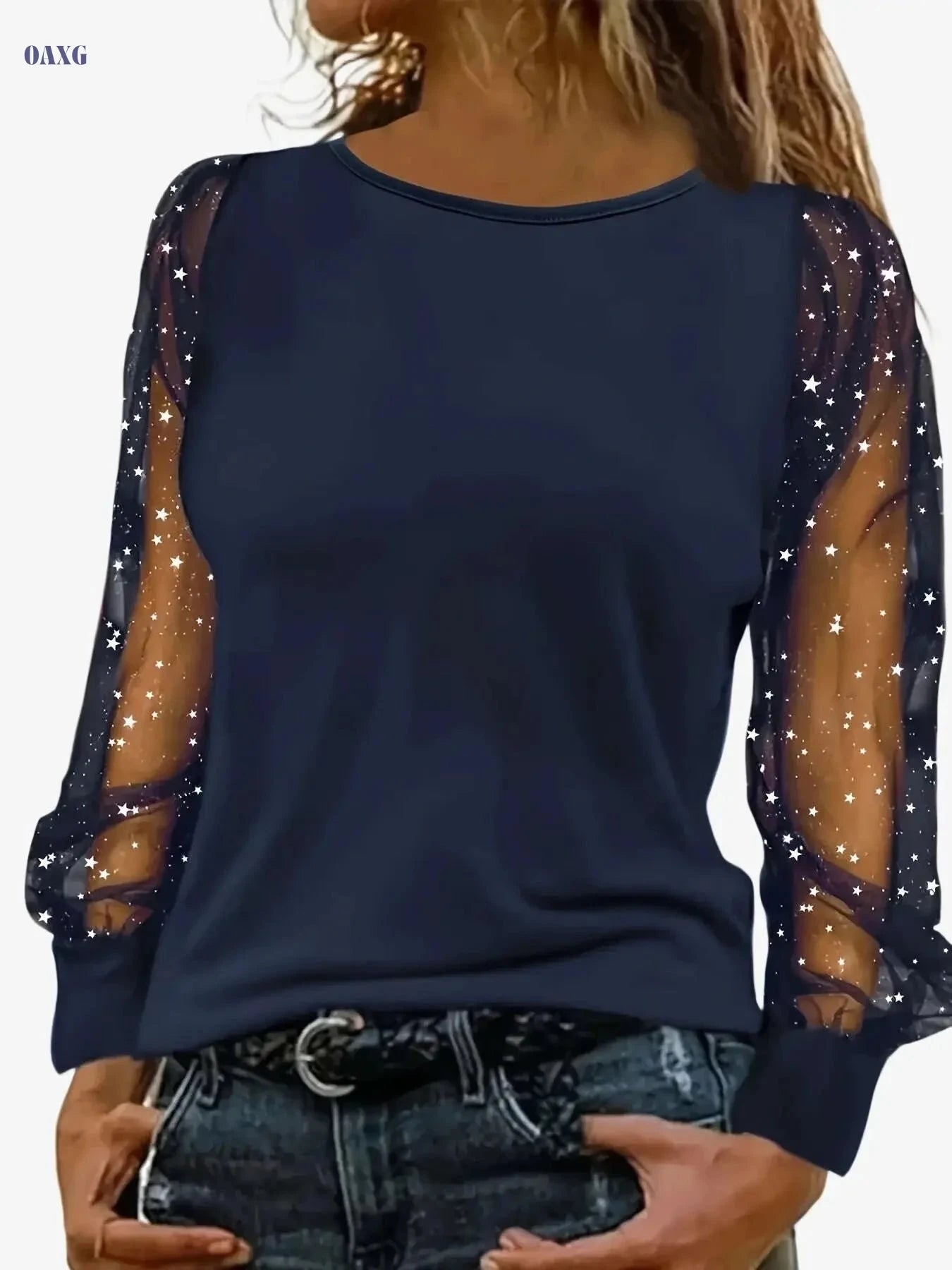 Elegant Women's Solid Color Top with Mesh Lantern Sleeves   OAXG 