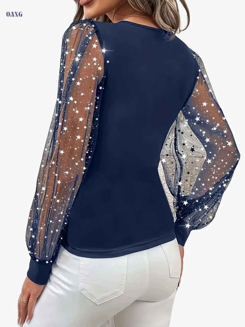 Elegant Women's Solid Color Top with Mesh Lantern Sleeves   OAXG Navy Blue / S