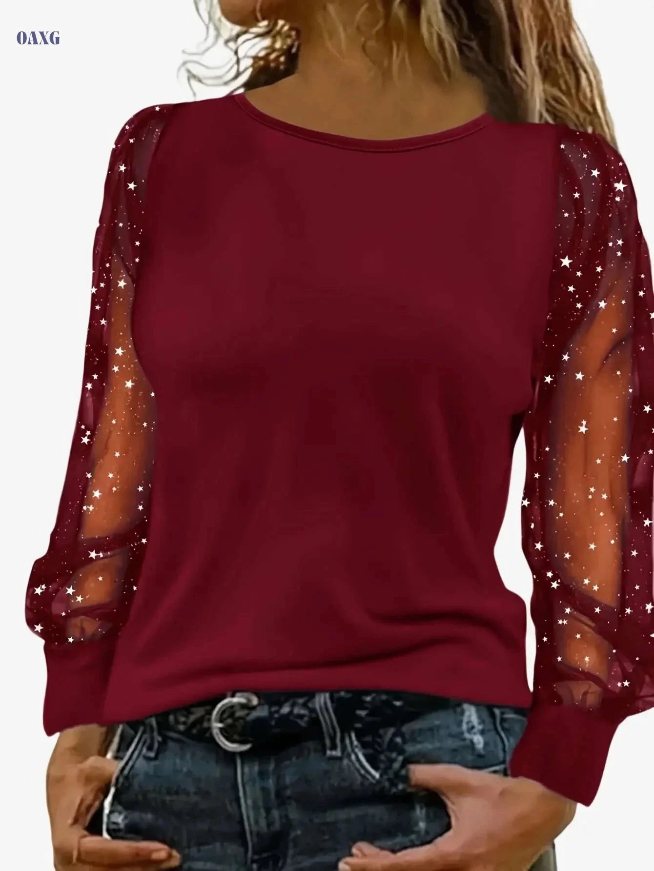 Elegant Women's Solid Color Top with Mesh Lantern Sleeves   OAXG Navy Blue / S