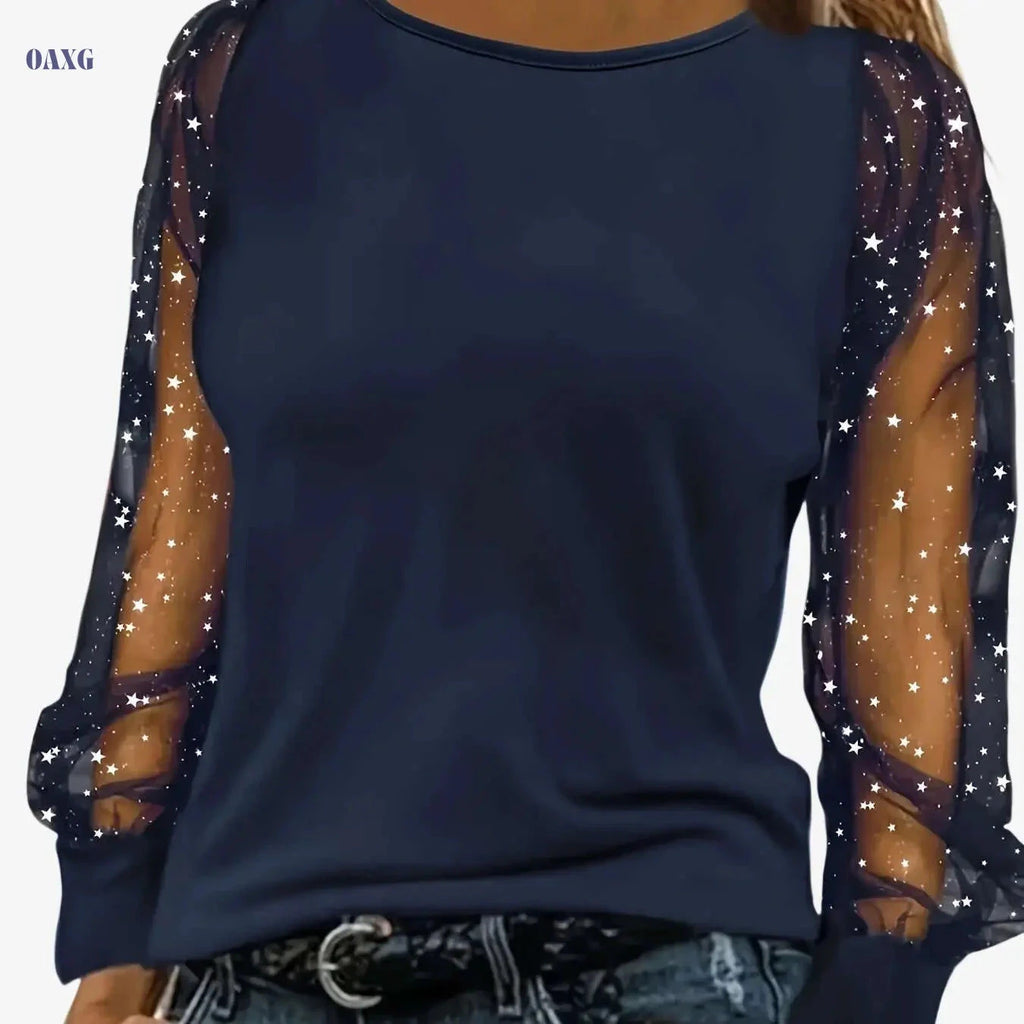 Elegant Women's Solid Color Top with Mesh Lantern Sleeves   OAXG Navy Blue / S
