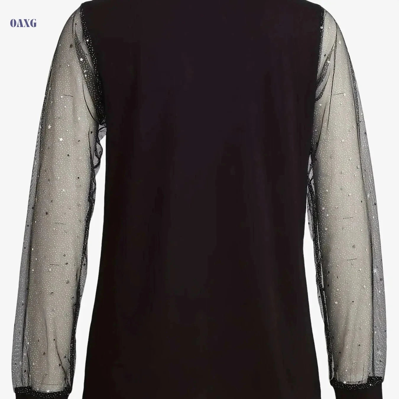 Elegant Women's Solid Color Top with Mesh Lantern Sleeves   OAXG Navy Blue / S