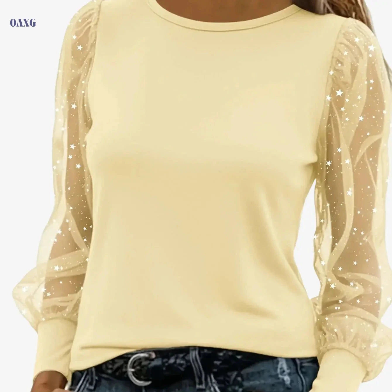 Elegant Women's Solid Color Top with Mesh Lantern Sleeves   OAXG Navy Blue / S