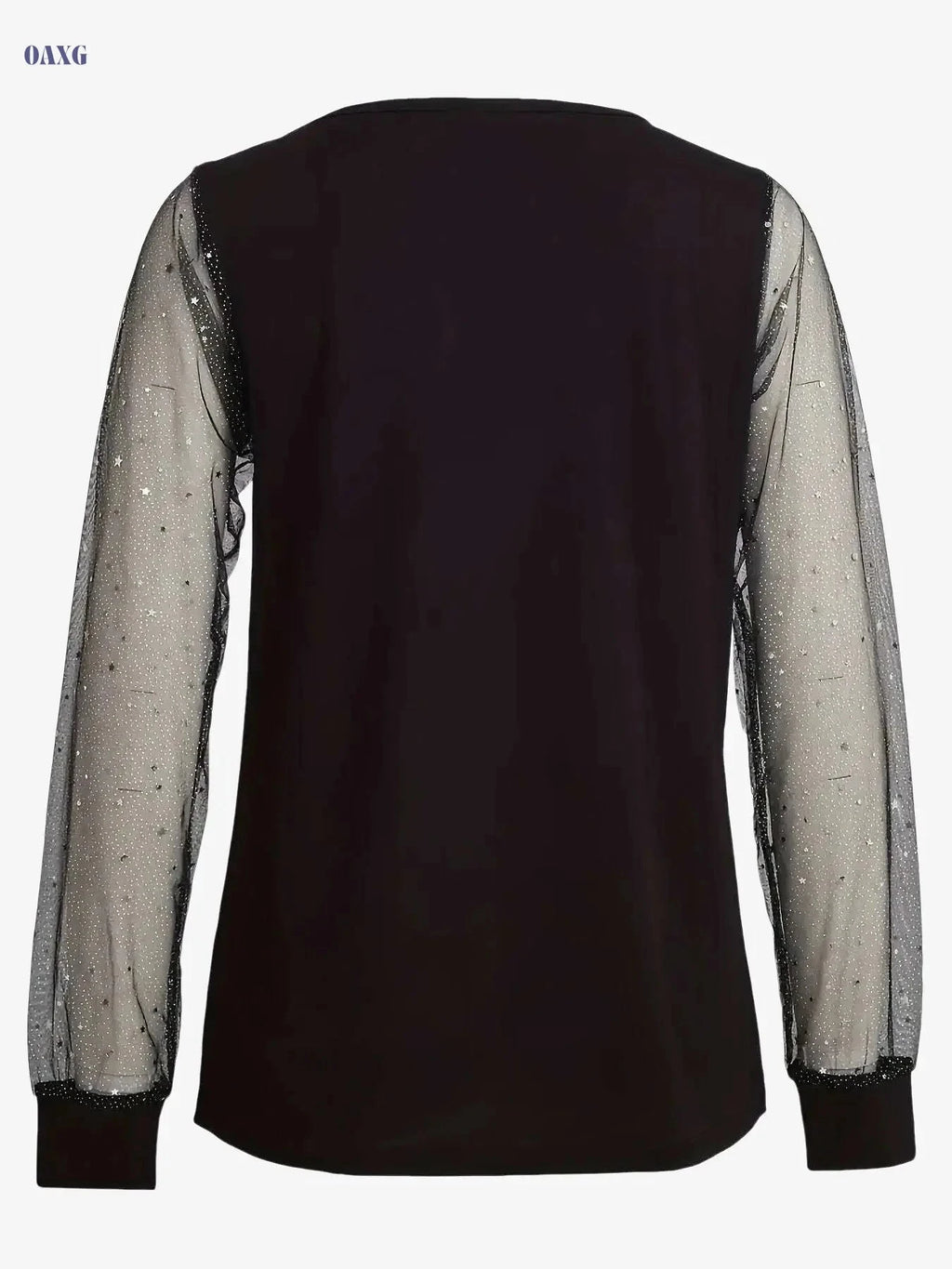 Elegant Women's Solid Color Top with Mesh Lantern Sleeves   OAXG Navy Blue / S