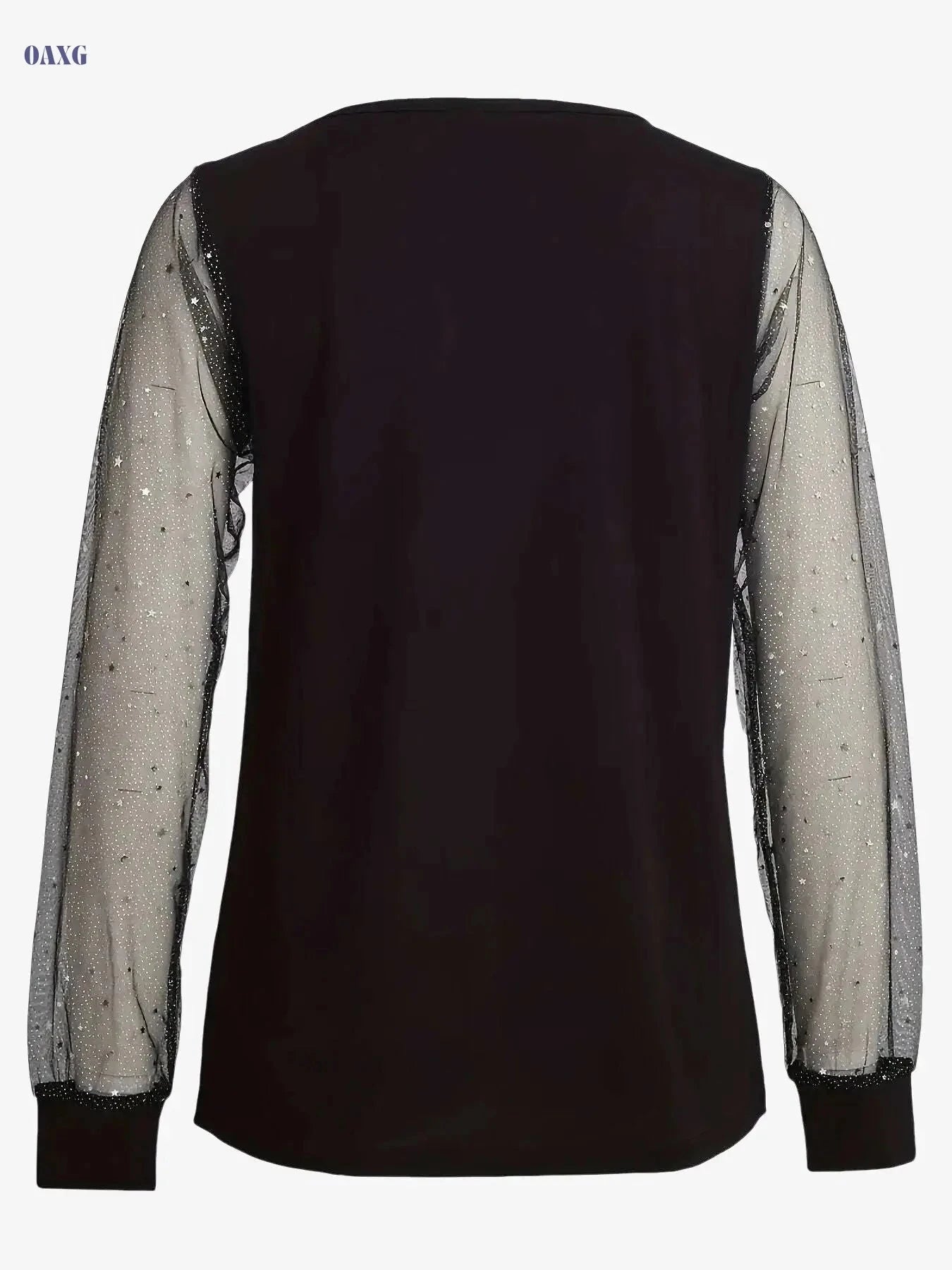 Elegant Women's Solid Color Top with Mesh Lantern Sleeves   OAXG Navy Blue / S