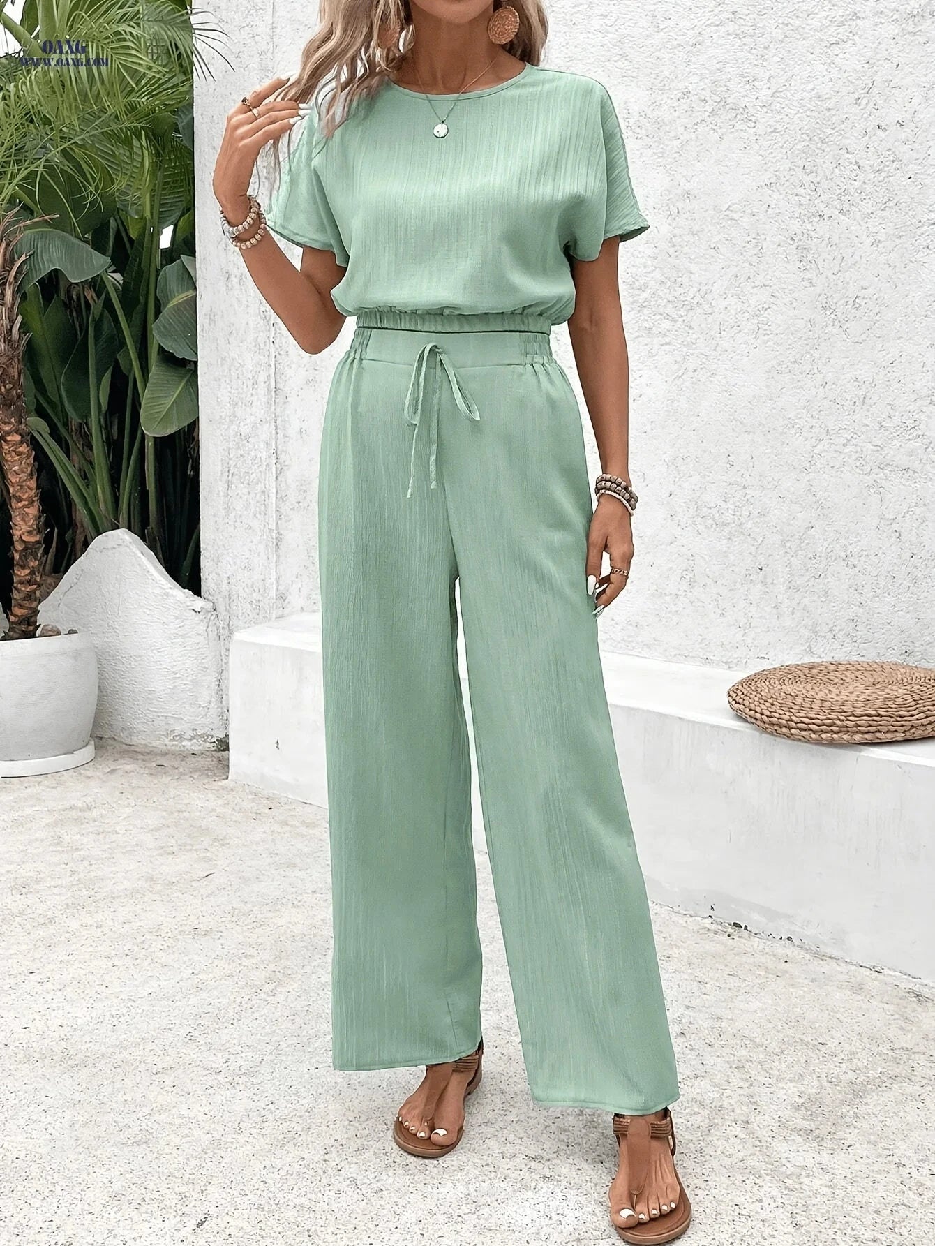 Elegant Women’s Solid Color Two-Piece Set - Spring Fashion Outfit   OAXG Light Green / XS