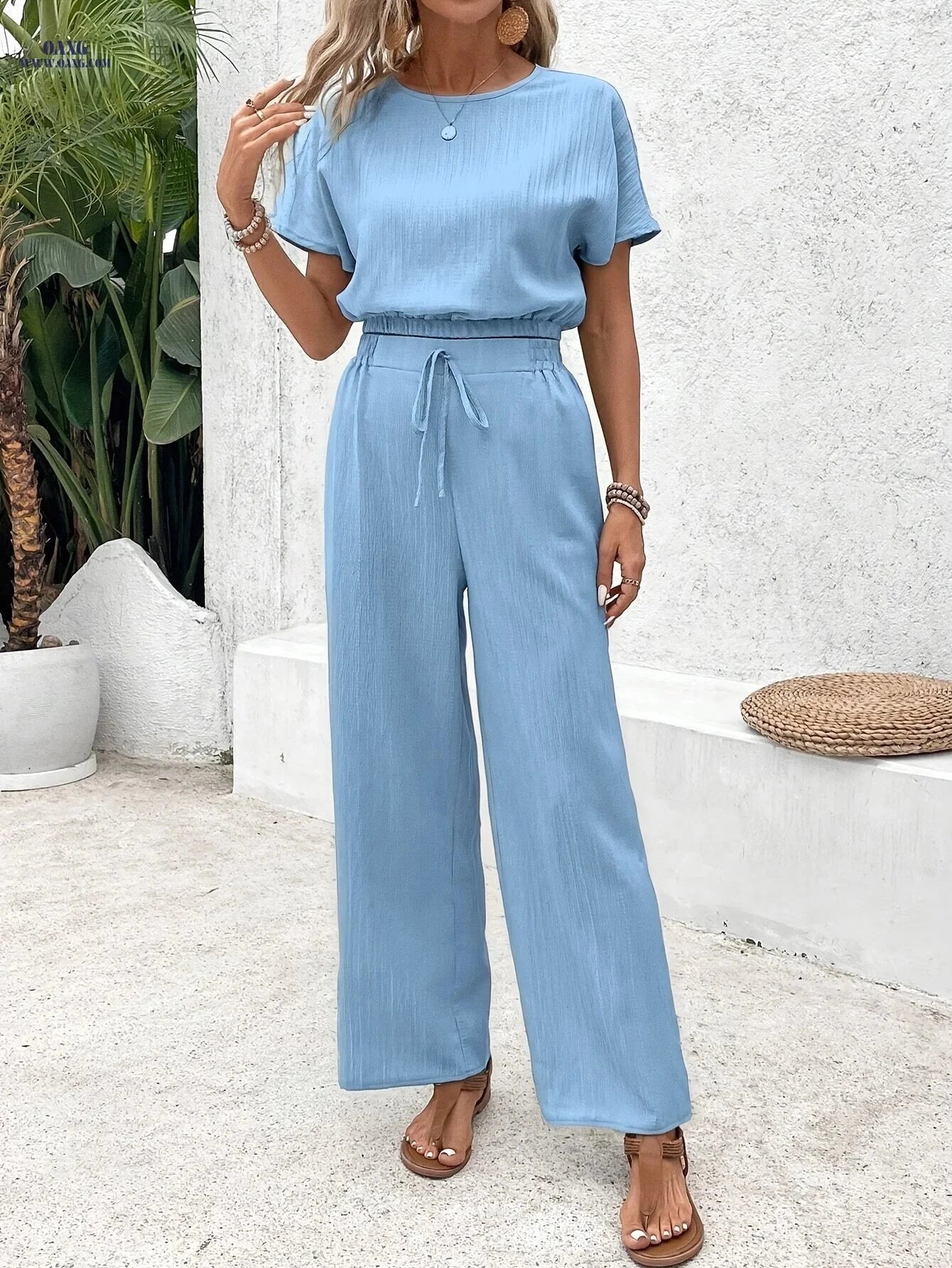 Elegant Women’s Solid Color Two-Piece Set - Spring Fashion Outfit   OAXG Light Green / XS
