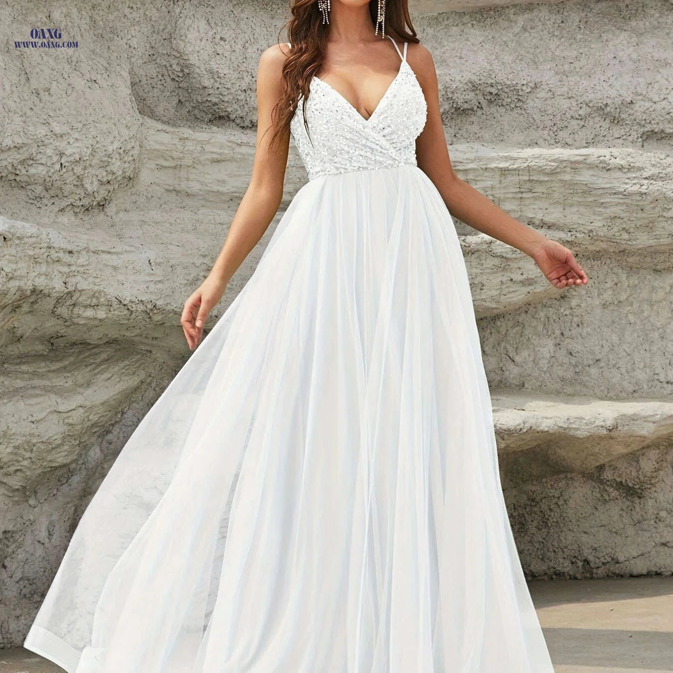 Elegant Women's Spaghetti Strap Wedding Dress - High Waist, Pleated Maxi   OAXG 