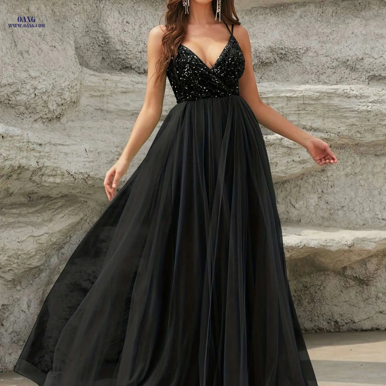 Elegant Women's Spaghetti Strap Wedding Dress - High Waist, Pleated Maxi   OAXG Mineral Green / XS