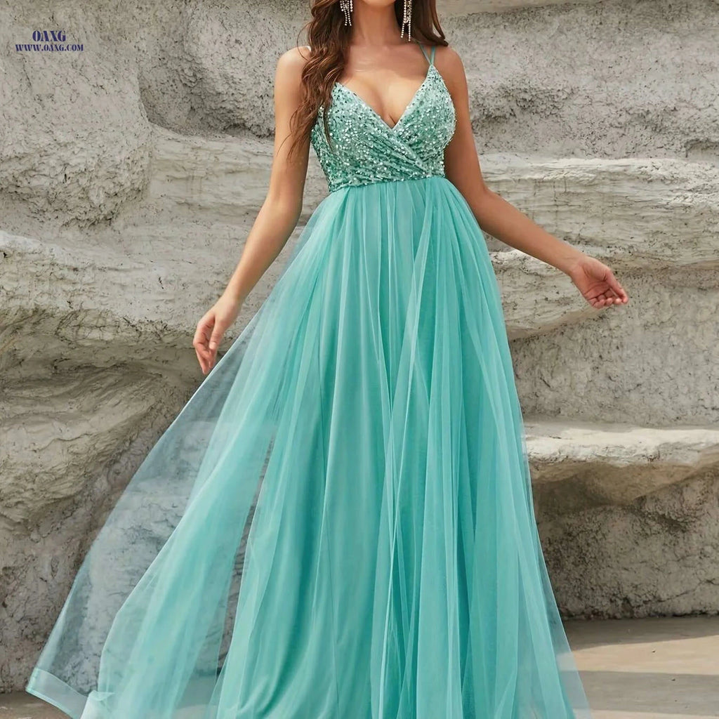 Elegant Women's Spaghetti Strap Wedding Dress - High Waist, Pleated Maxi   OAXG Mineral Green / XS