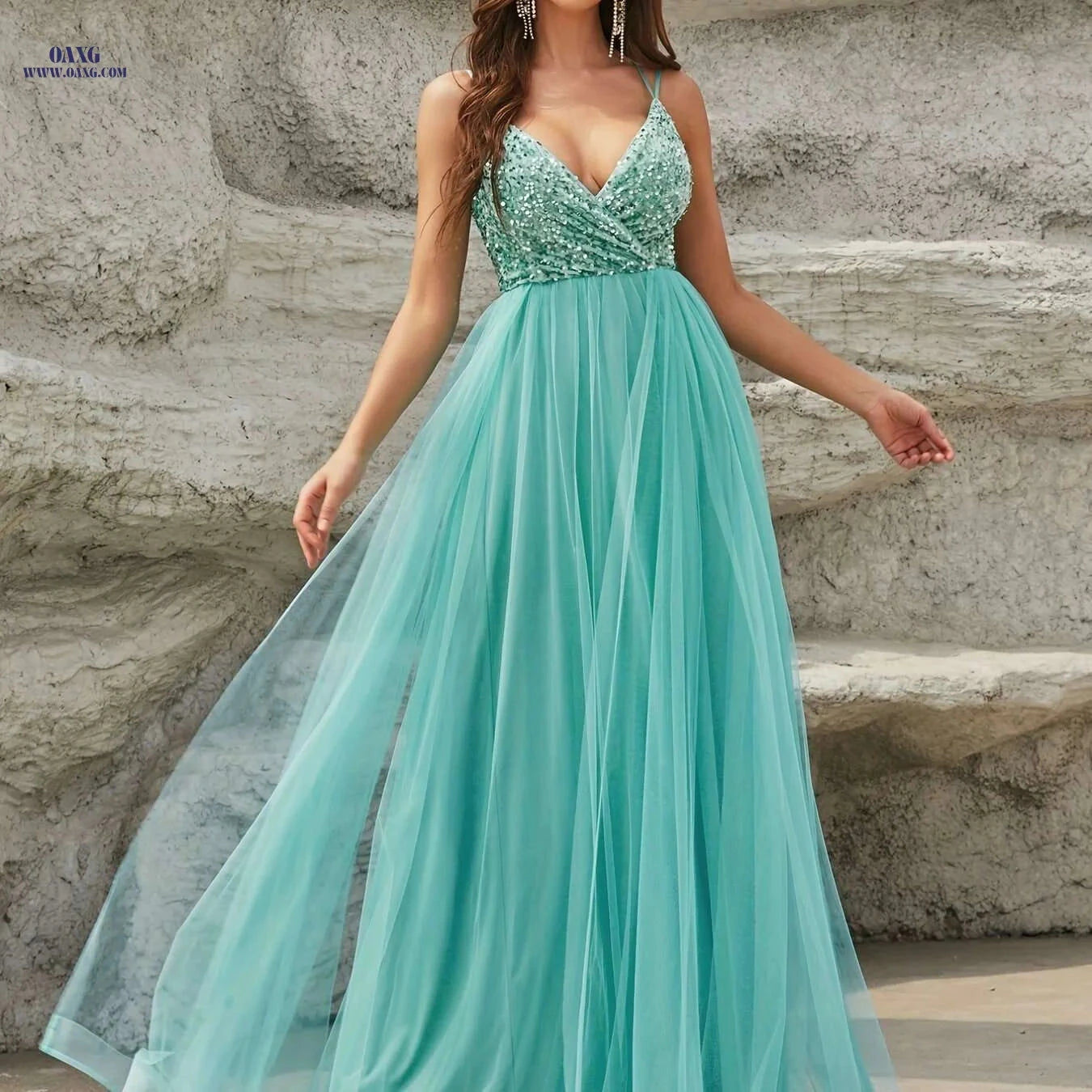 Elegant Women's Spaghetti Strap Wedding Dress - High Waist, Pleated Maxi   OAXG Mineral Green / XS