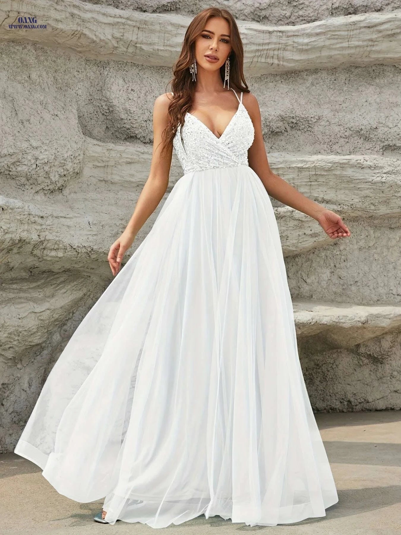 Elegant Women's Spaghetti Strap Wedding Dress - High Waist, Pleated Maxi   OAXG Mineral Green / XS