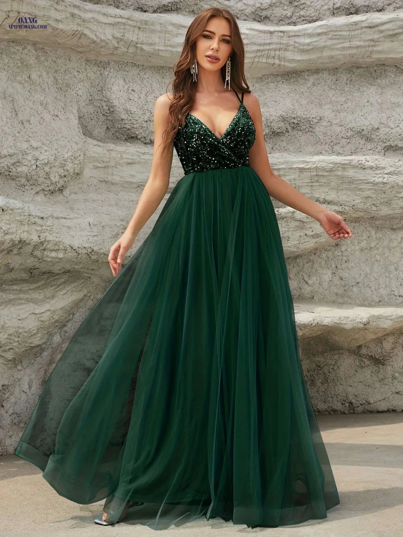 Elegant Women's Spaghetti Strap Wedding Dress - High Waist, Pleated Maxi   OAXG Mineral Green / XS