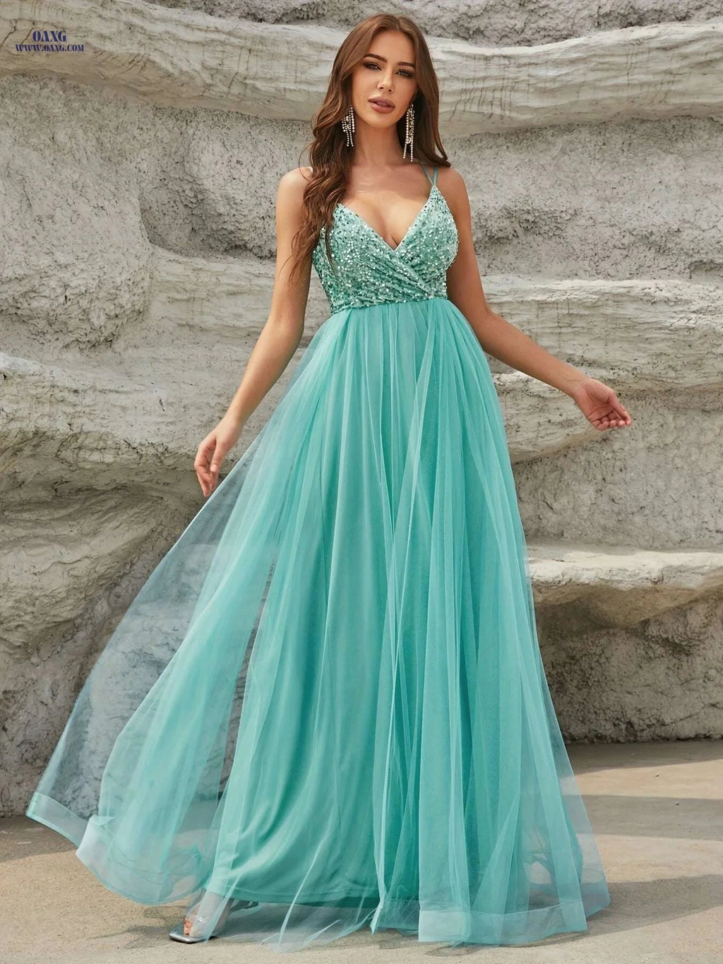 Elegant Women's Spaghetti Strap Wedding Dress - High Waist, Pleated Maxi   OAXG 