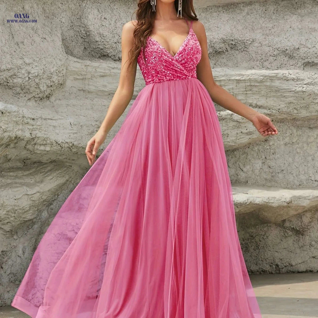 Elegant Women's Spaghetti Strap Wedding Dress - High Waist, Pleated Maxi   OAXG 