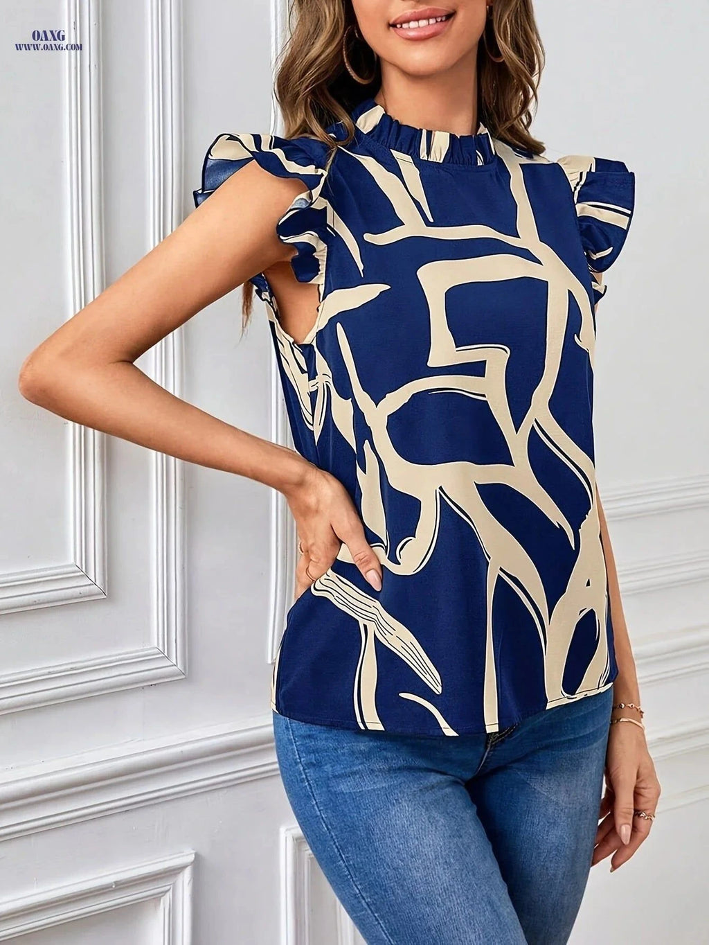 Elegant Women's Stand Collar Short Sleeve Shirt - Mushroom Print Design   OAXG Mixed colors / S