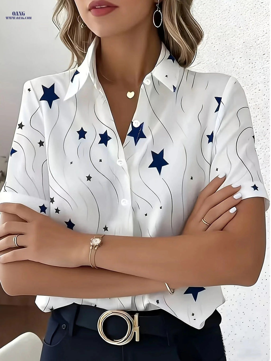 Elegant Women’s Star Print Blouse - Short Sleeve Summer Top   OAXG White / S