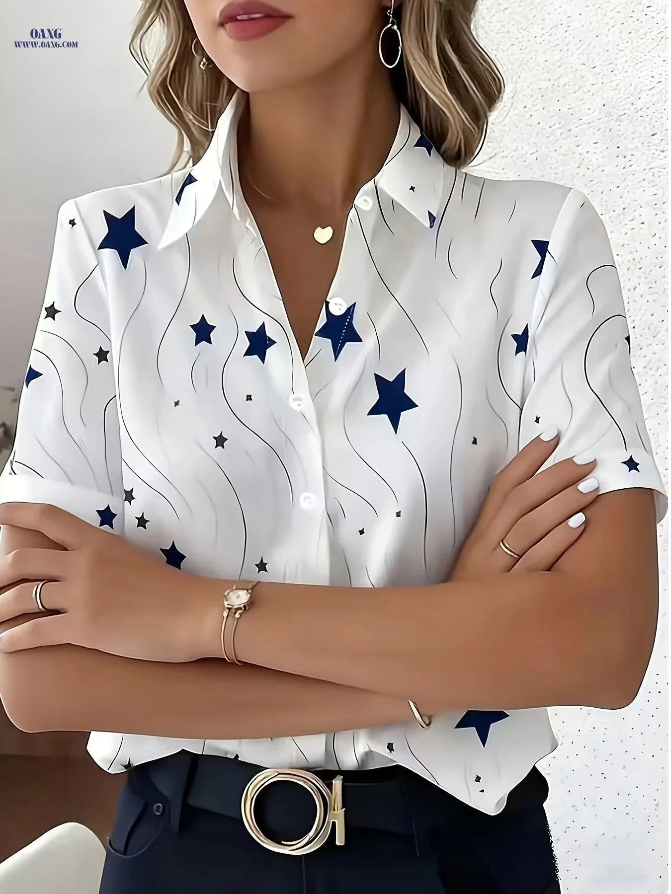 Elegant Women’s Star Print Blouse - Short Sleeve Summer Top   OAXG White / S